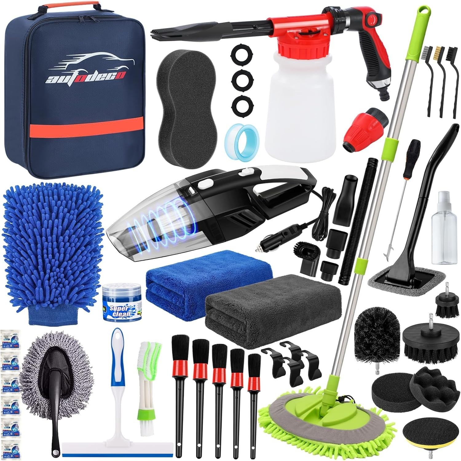 Deluxe 43pc Car Cleaning Kit: Mop, Foam Gun, Vacuum, Detailing Brushes