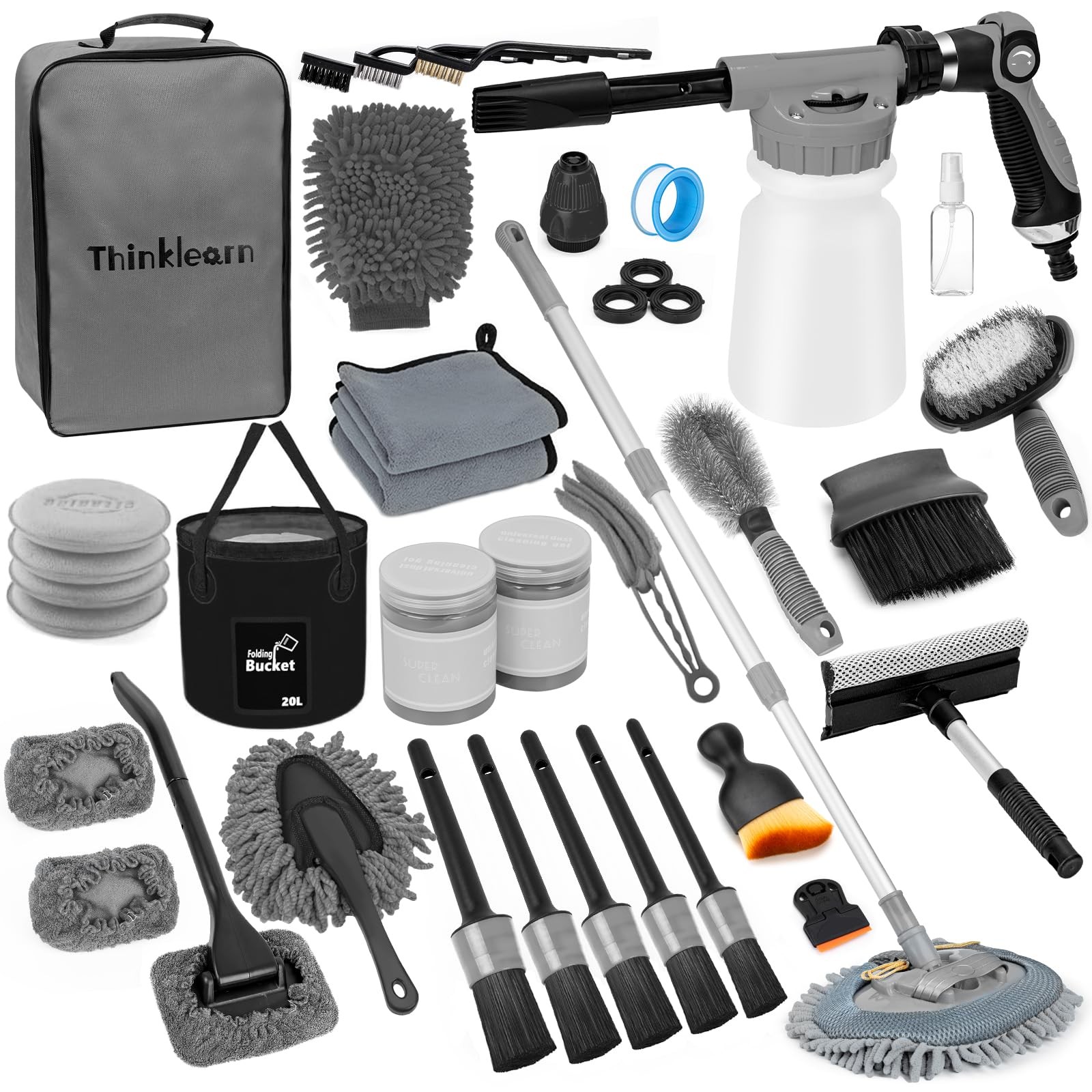 Car Wash Detailing Kit with Foam Gun Cleaning Set Brush ThinkLearn Long Handle