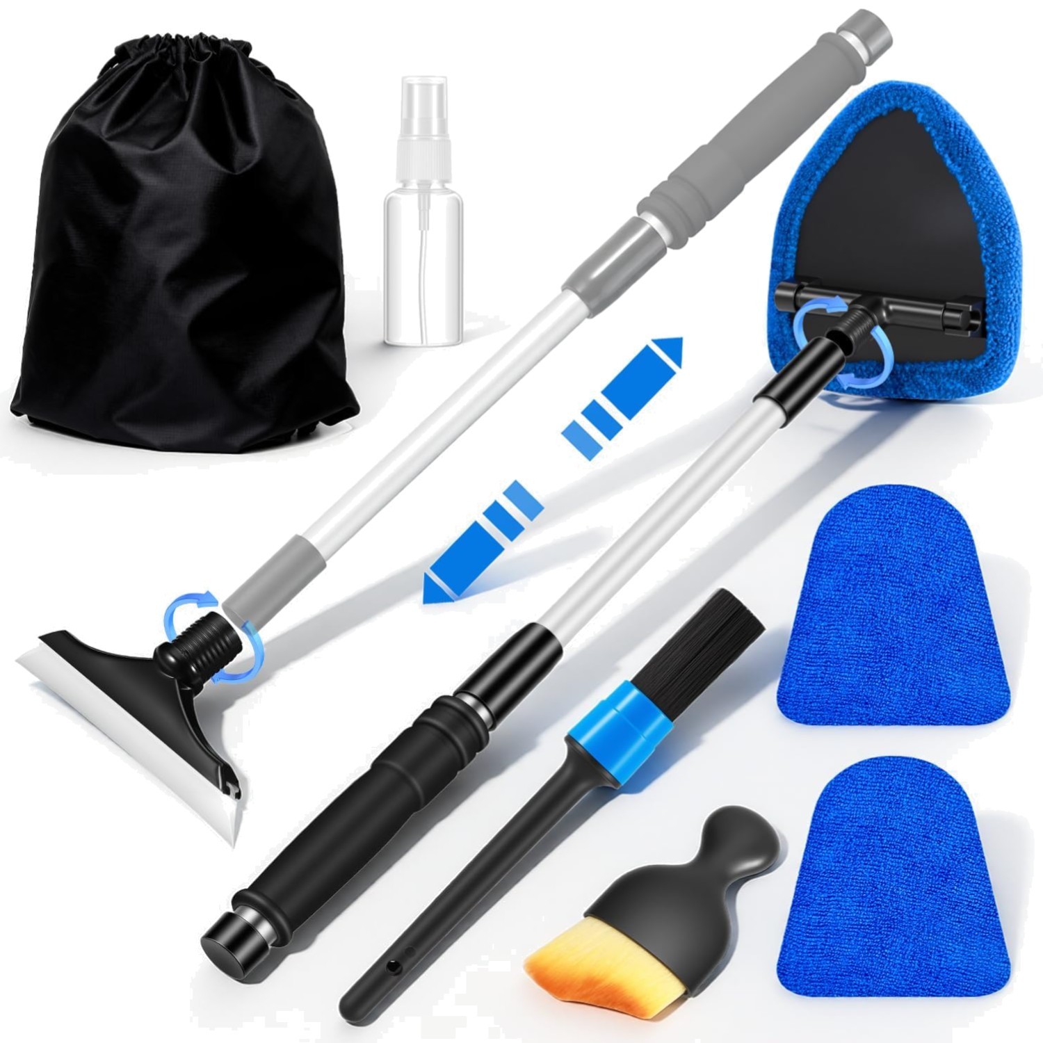 Windshield Cleaner Tool, Car Cleaning Kit, Extendable Handle, 3 Microfiber Pads