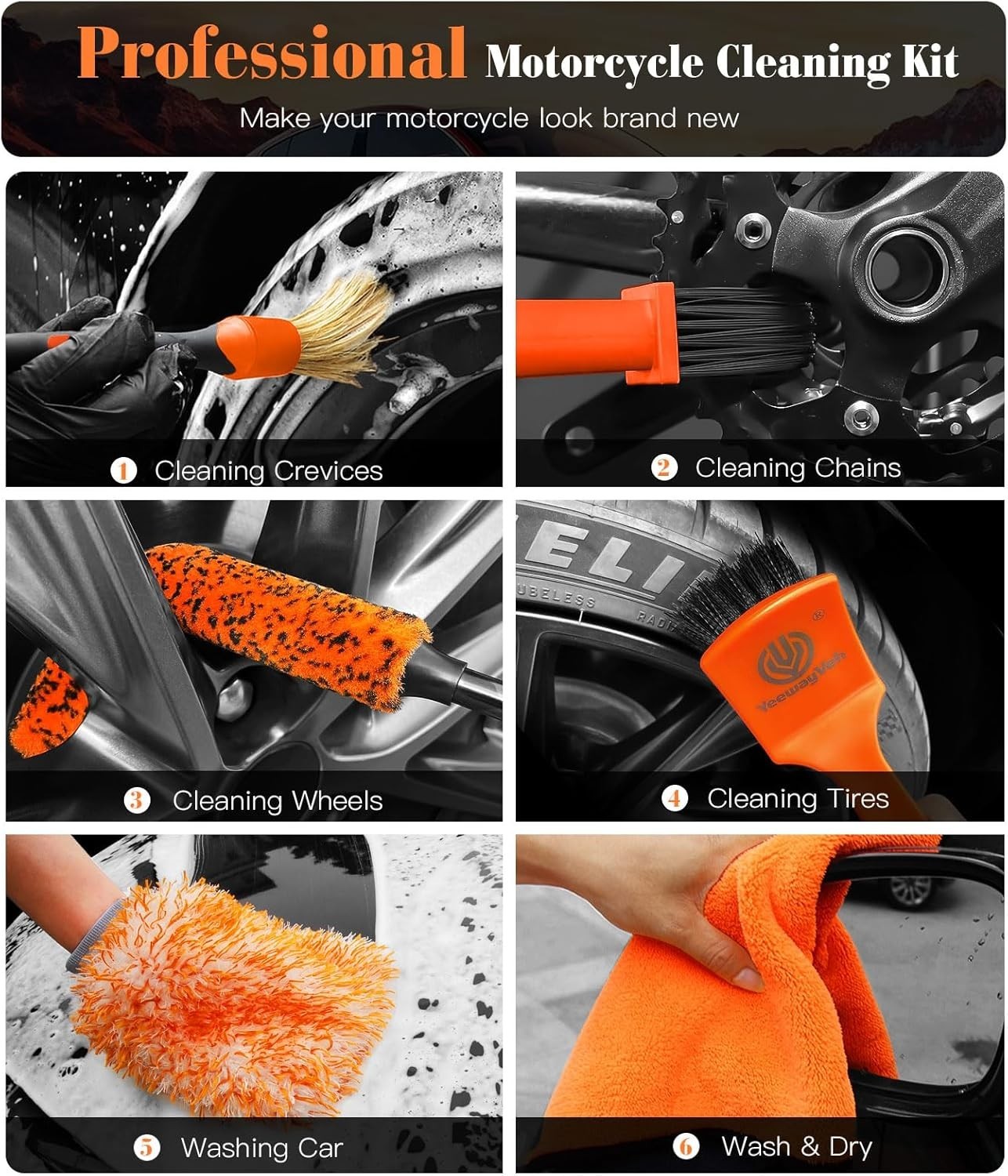7PCS Motorcycle Cleaning Kit with 2-Size Bendable Wheel Brushes-Hard Brush,T…