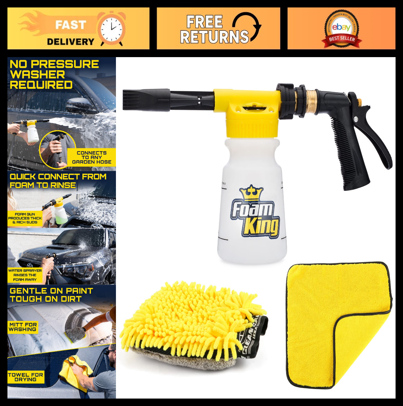 Foam Car Wash Gun & Microfiber Mitt – Scratch-Free Snow Foam Cannon Kit for Auto