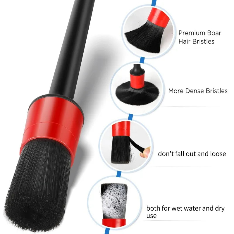 5PC Car Detailing Brush Kit Boar Hair Vehicle Auto Interior For Wheel Clean Sets