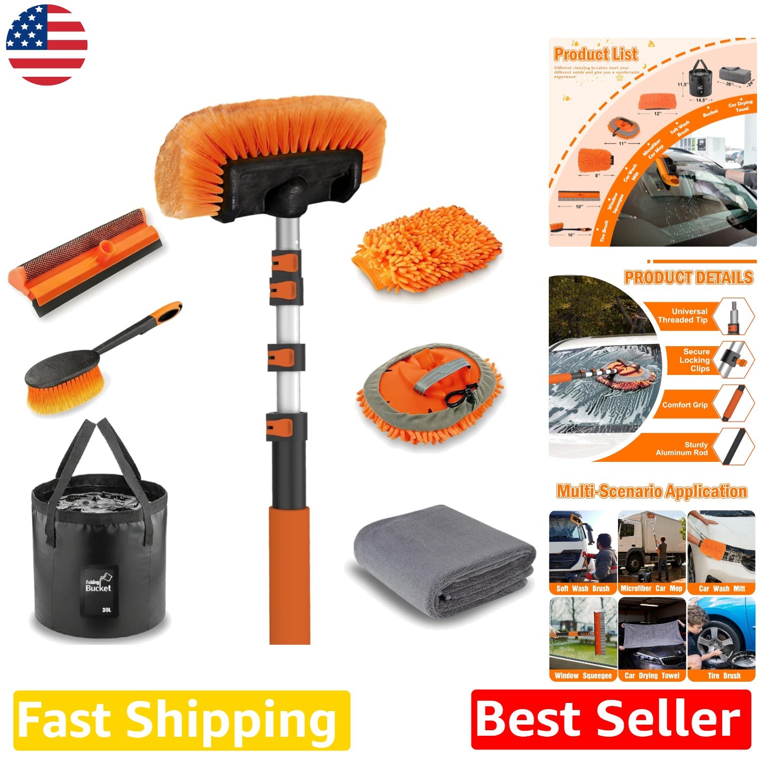 12ft Car Wash Brush: Extendable Pole, Soft Bristles, All-in-One Cleaning Set