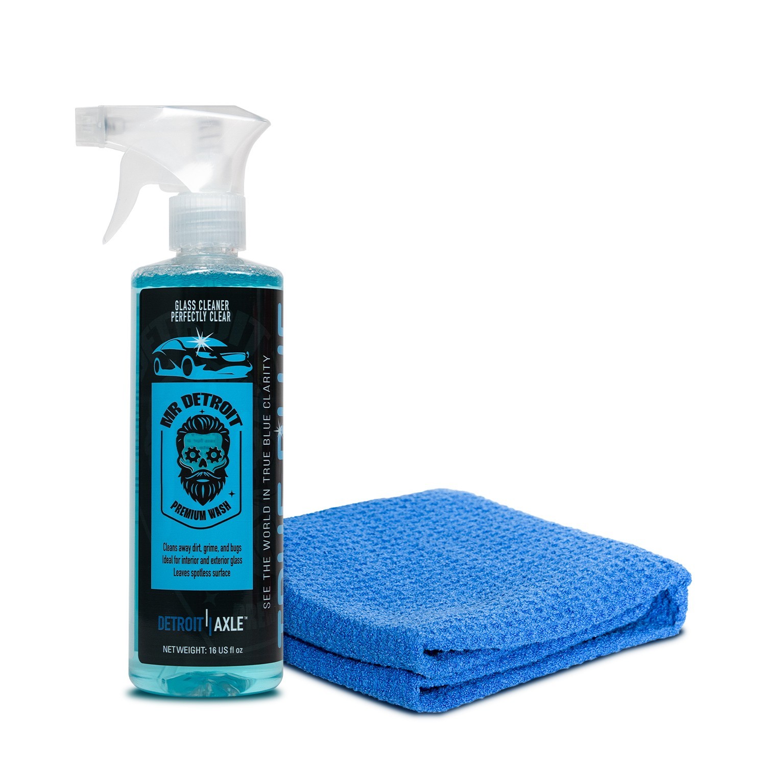 Mr. Detroit – Car Cleaner Kit w/ 16oz Glass Cleaner Spray + 16″x24″ Waffle Towel