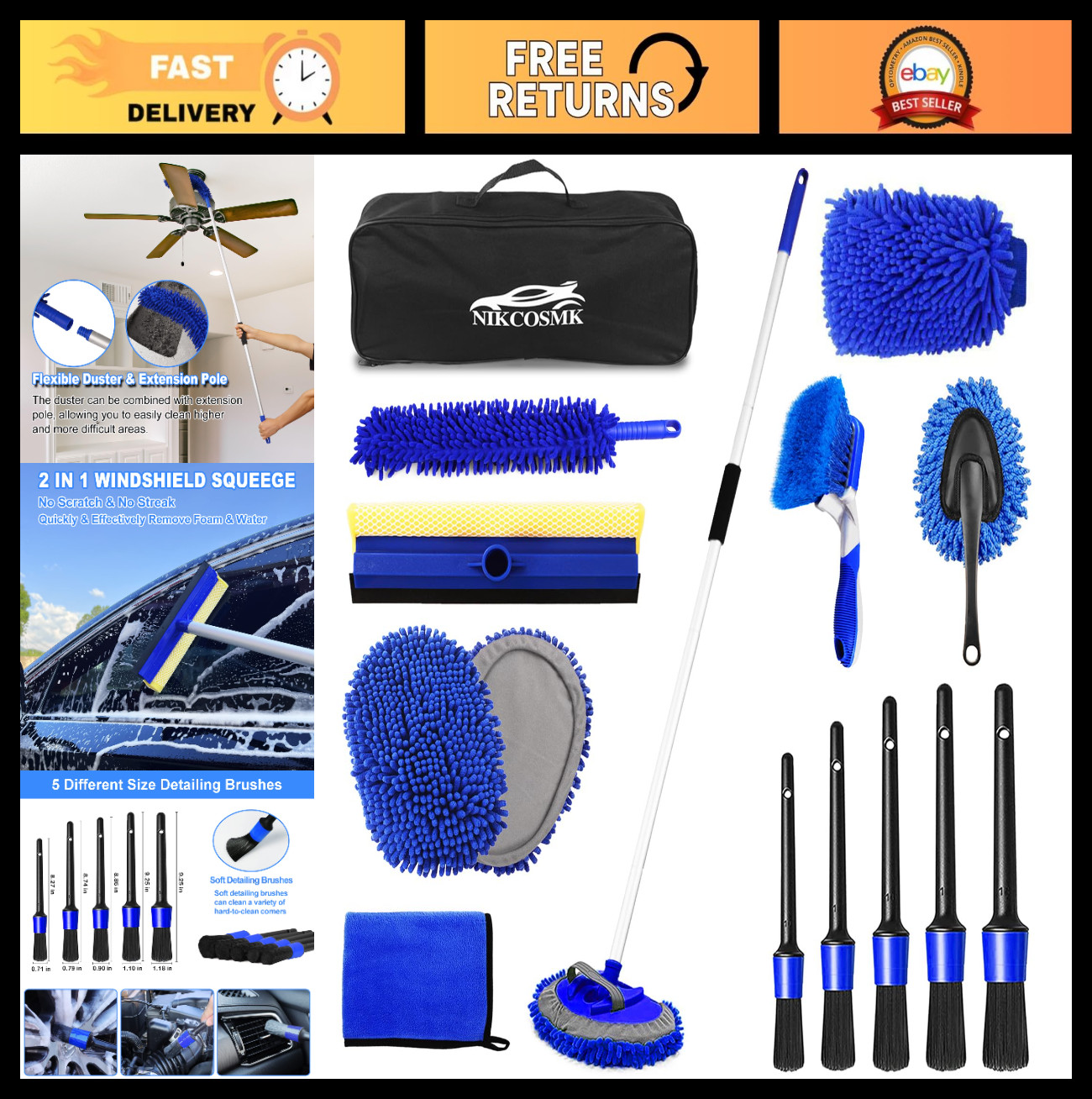 62″ Car Wash Brush Kit – Long Handle Mitt, Scratch-Free Head, Squeegee & Duster