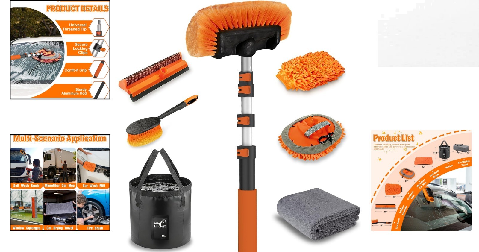 Durable 12FT Car Wash Kit with Telescopic Brush, Mop & Squeegee for All Vehicles