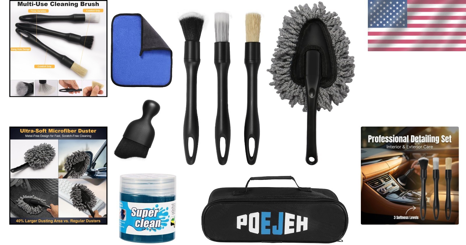 8-Piece Auto Detailing Kit – Large 160g Gel & Boars Hair Brushes for Cars