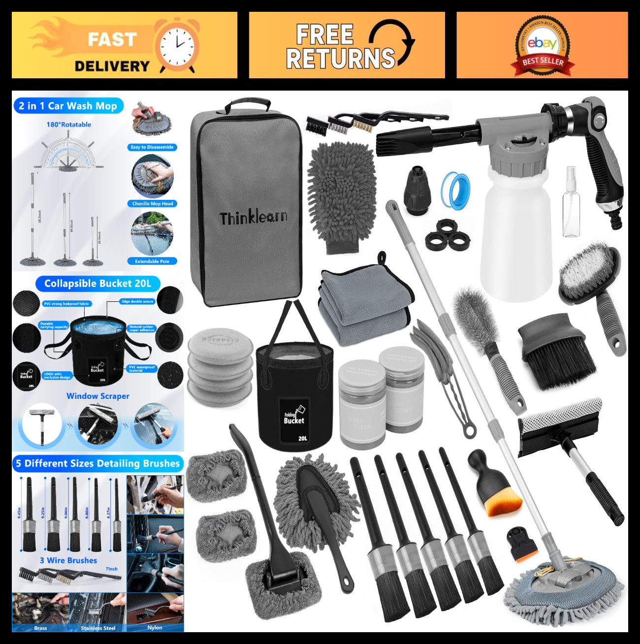 Car Wash Detailing Kit with Foam Gun, Long Handle Brush, Folding Bucket – Auto C