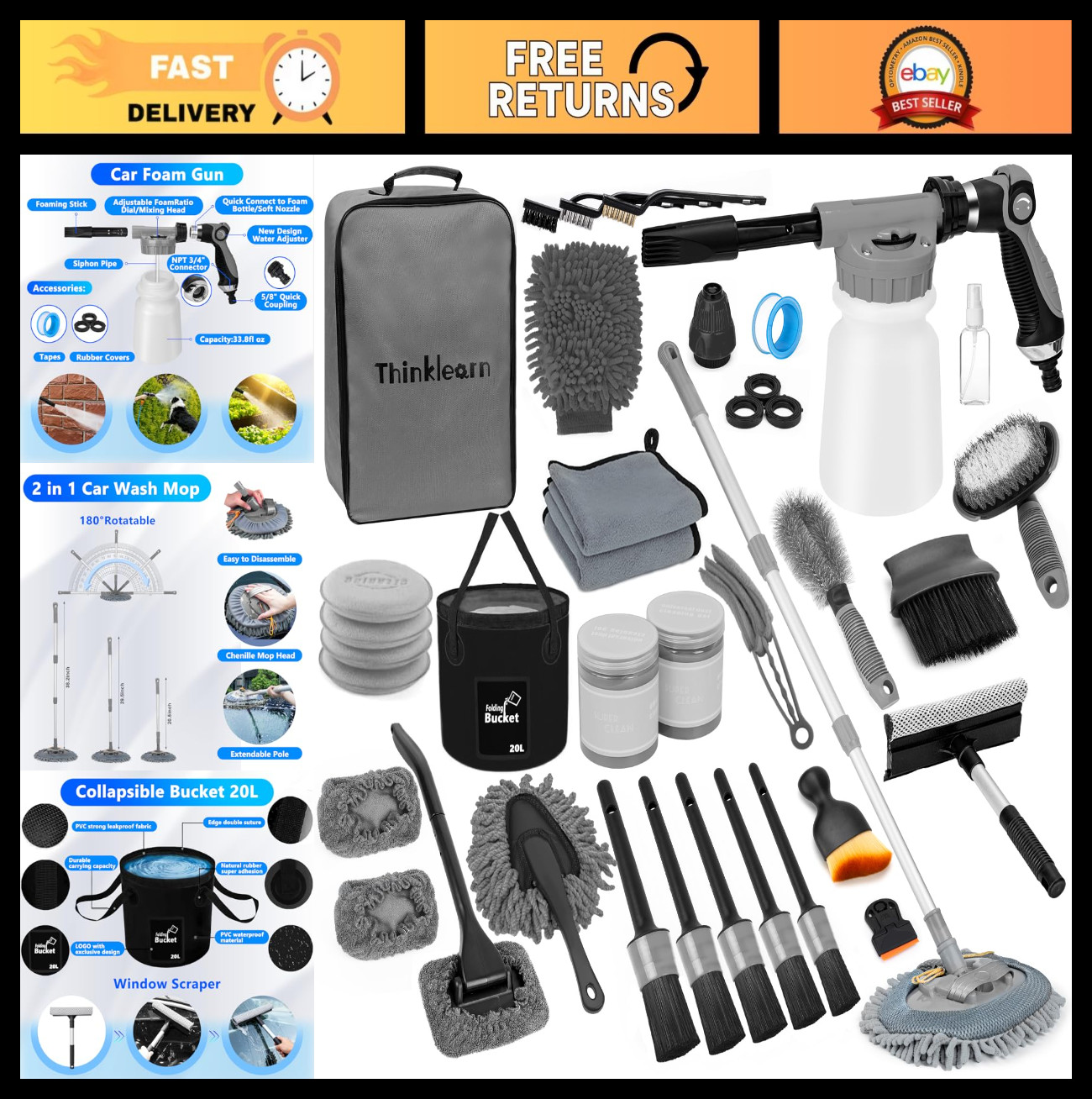 Car Wash Detailing Kit with Foam Gun, Long Handle Brush, Folding Bucket – Car Cl