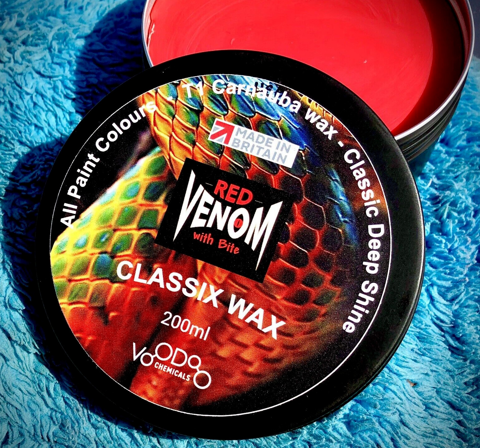 RED VENOM CLASSIX CAR WAX 200ml. DEEP SHINE SUPER HIGH CARNAUBA SHOW WAX.