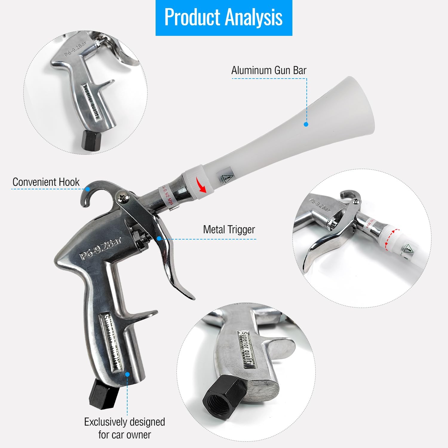 Bqweun Aluminium Car Cleaning Gun with Tapered Nozzle, Air Blower for white