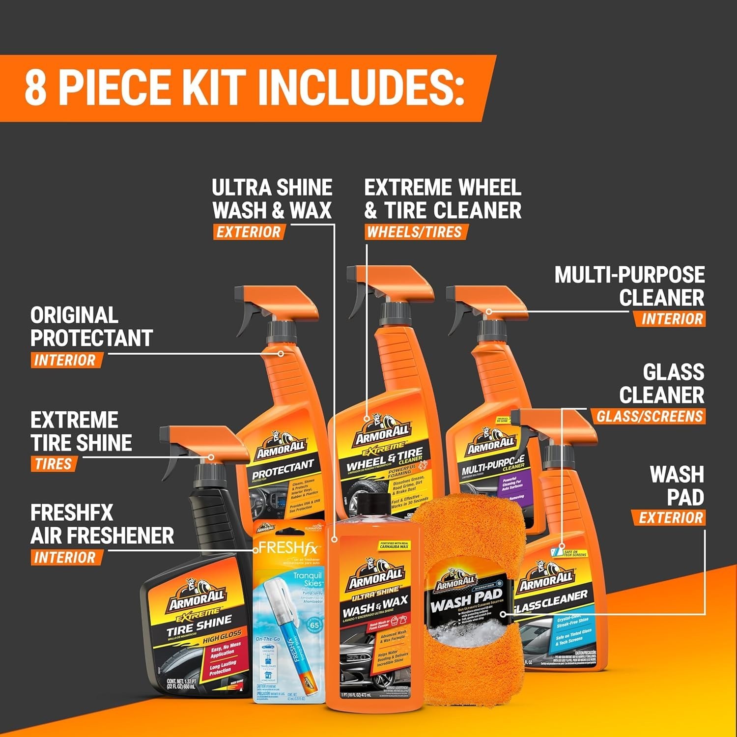 8-Piece Ultimate Car Cleaning Kit with Tire Shine and Multi-Surface Cleaners