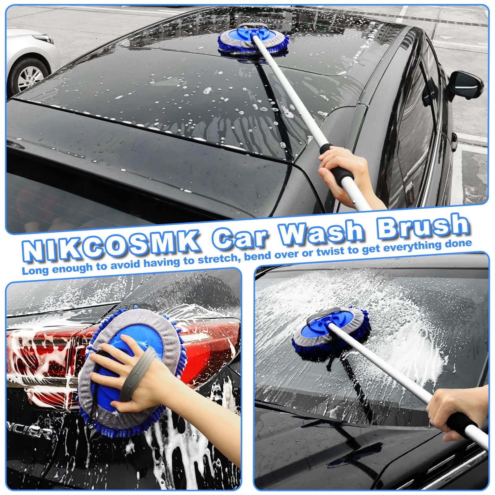 62″ Car Wash Brush Kit – Long Handle Mitt, Scratch-Free Head, Squeegee & Duster