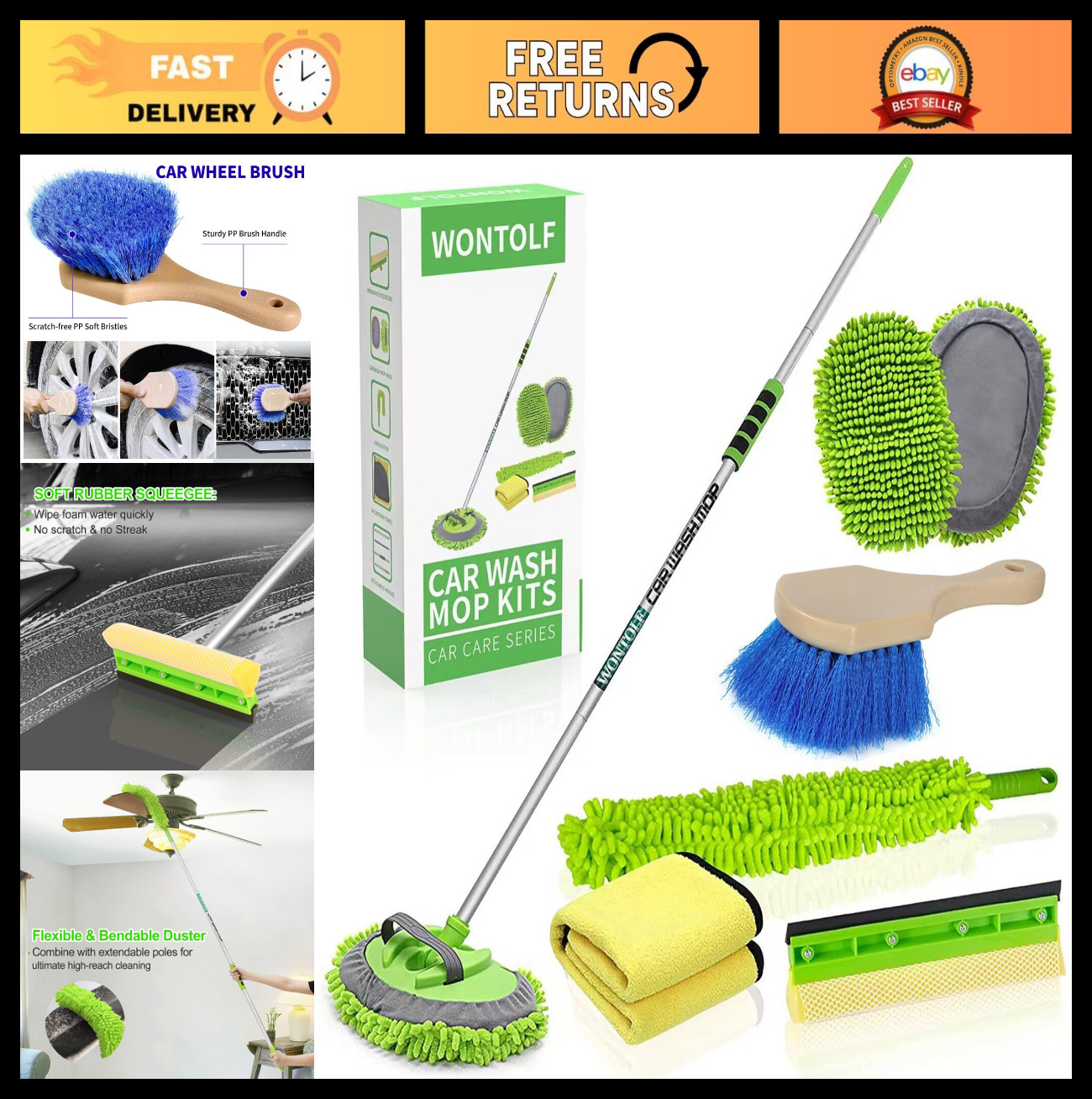 62” Car Wash Brush Kit – Long Handle Microfiber Mop, Squeegee, Towels & Tire Br