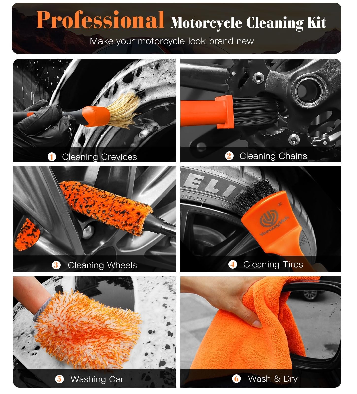 7PCS Motorcycle Cleaning Kit – Bendable Wheel Brushes, Tire & Chain Brush, Mitt