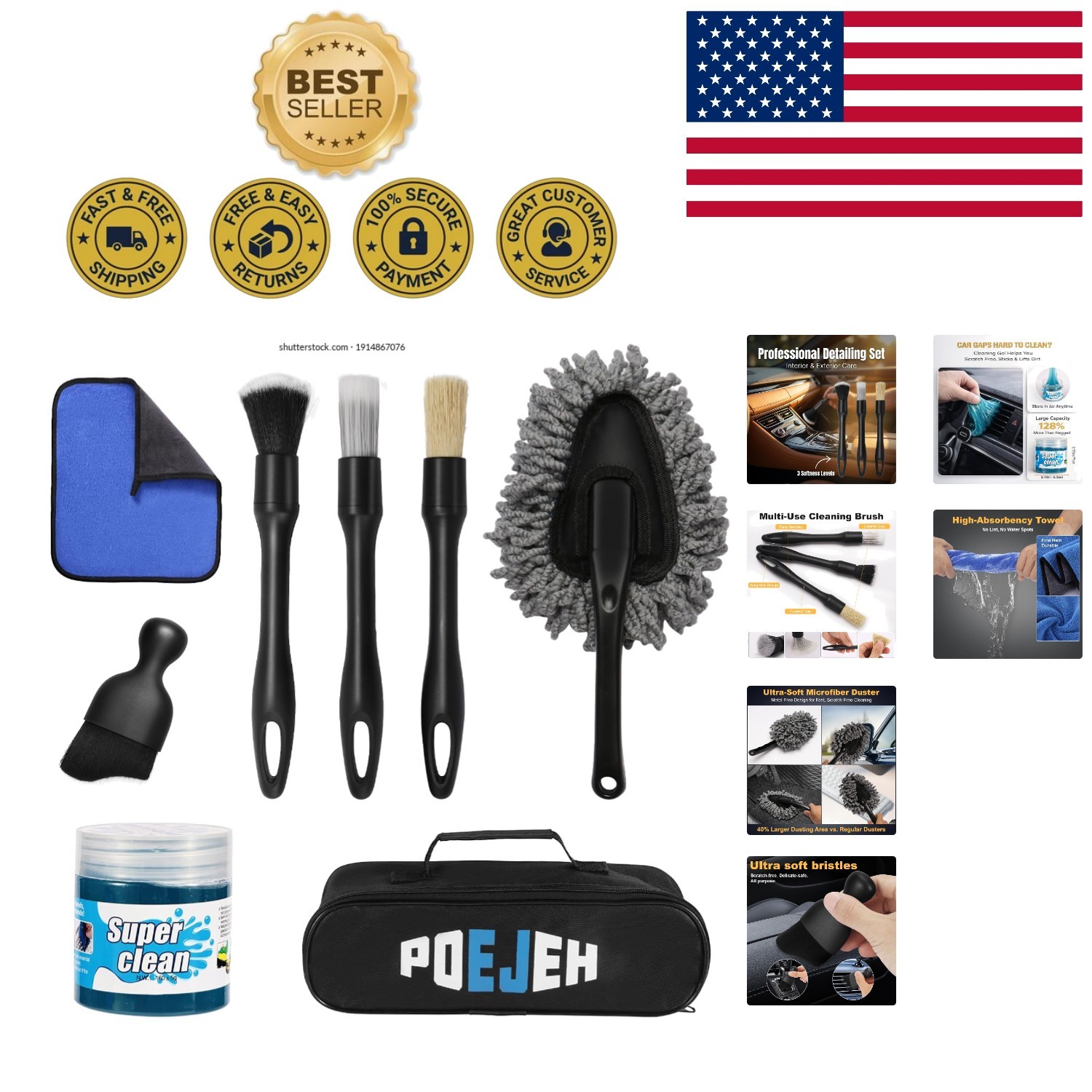 8-Piece Auto Detailing Kit – Large 160g Gel & Boars Hair Brushes for Cars