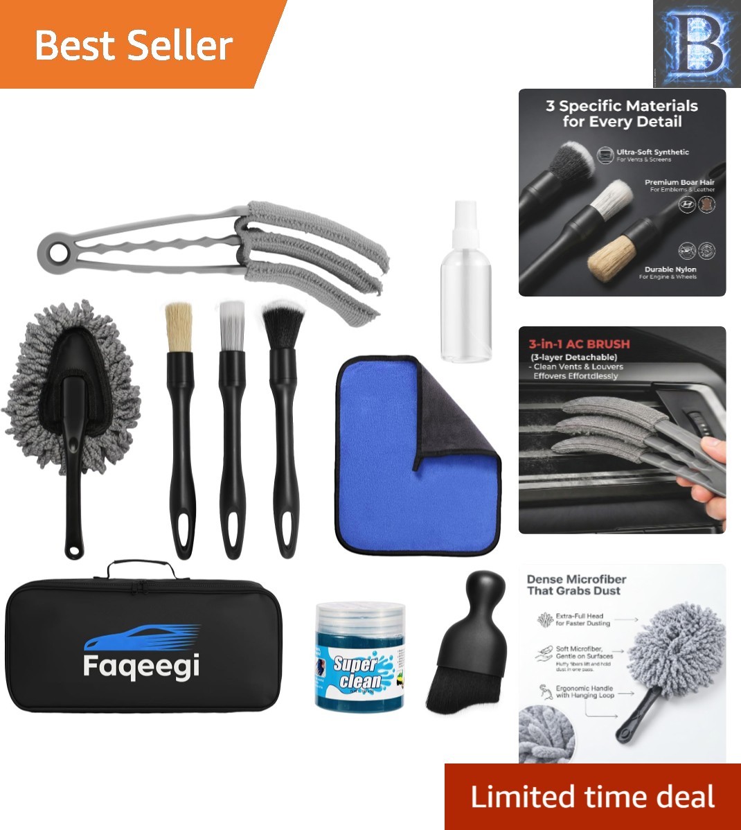 10-Piece Car Interior Cleaning Kit – 3 Natural Boar Hair Brushes, 3-in-1 AC V…