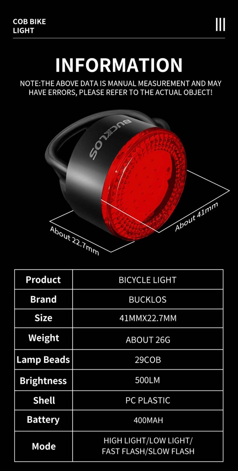 BUCKLOS COB Bike Taillights Headlight USB Rechargeable Bicycle Safety Warning