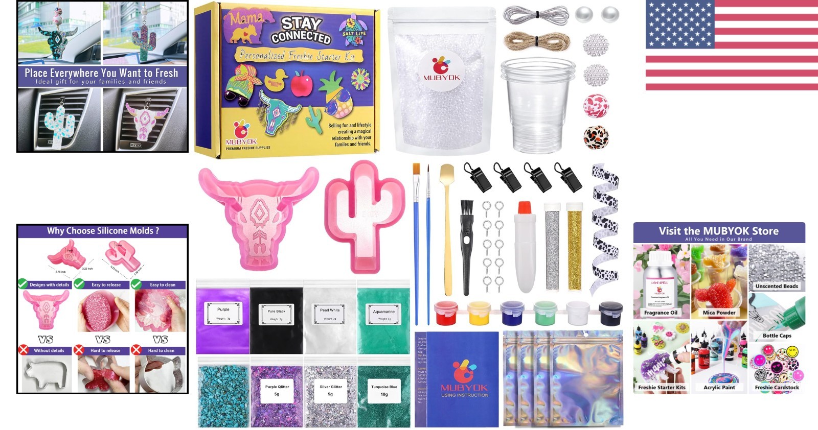 57PCS Car Freshie Supplies Kit with Silicone Molds, Glitter & Accessories