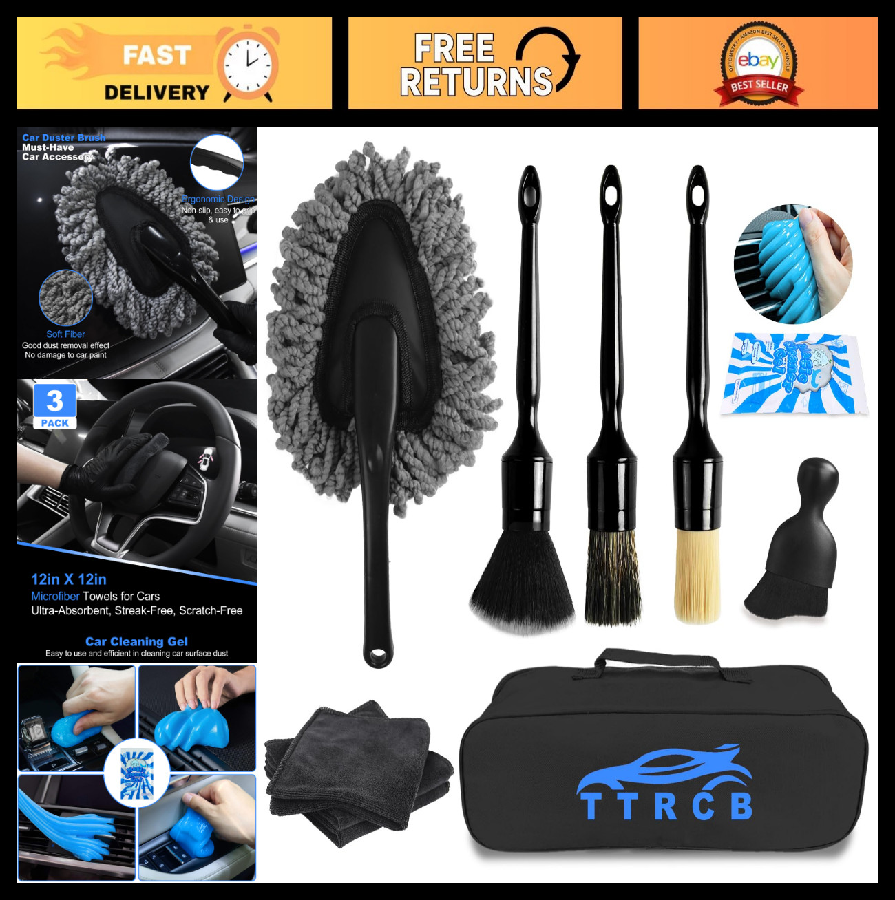 10PCS Car Detailing Kit – Interior Cleaner, Brushes, Duster, Gel & Cloth Tools