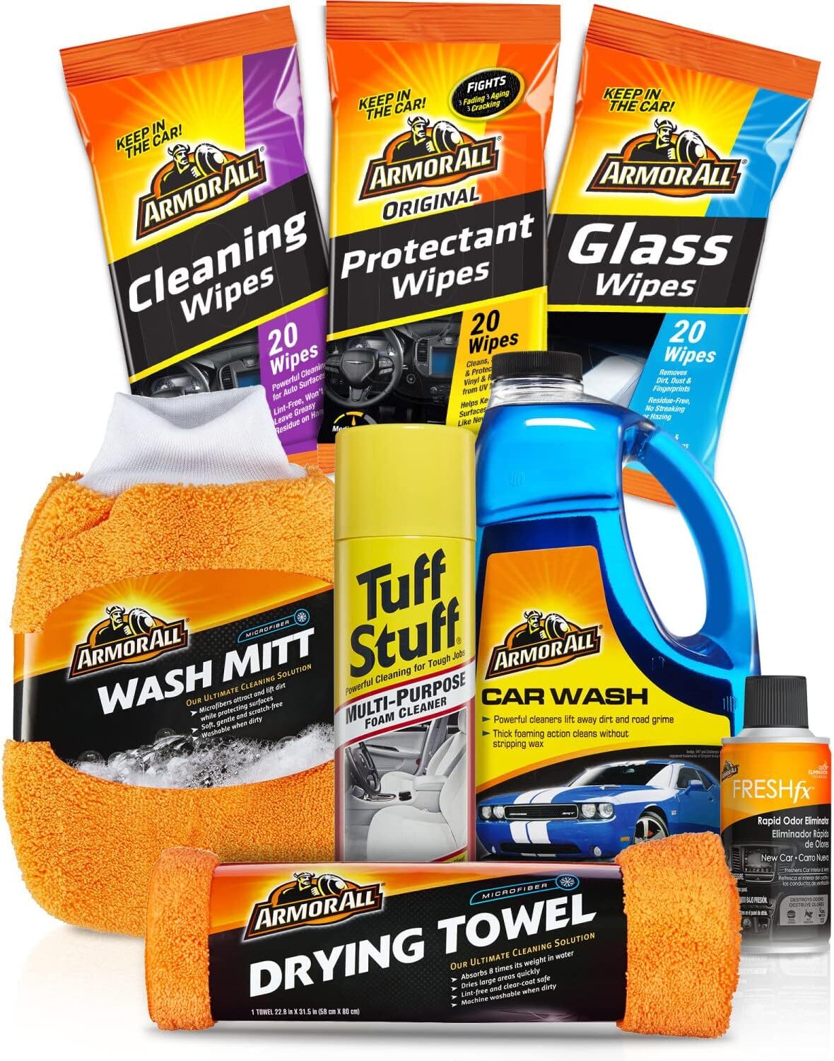 “Armor All Car Wash & Cleaner Kit – 8pc Wipes, Air Freshener, Towels & More”