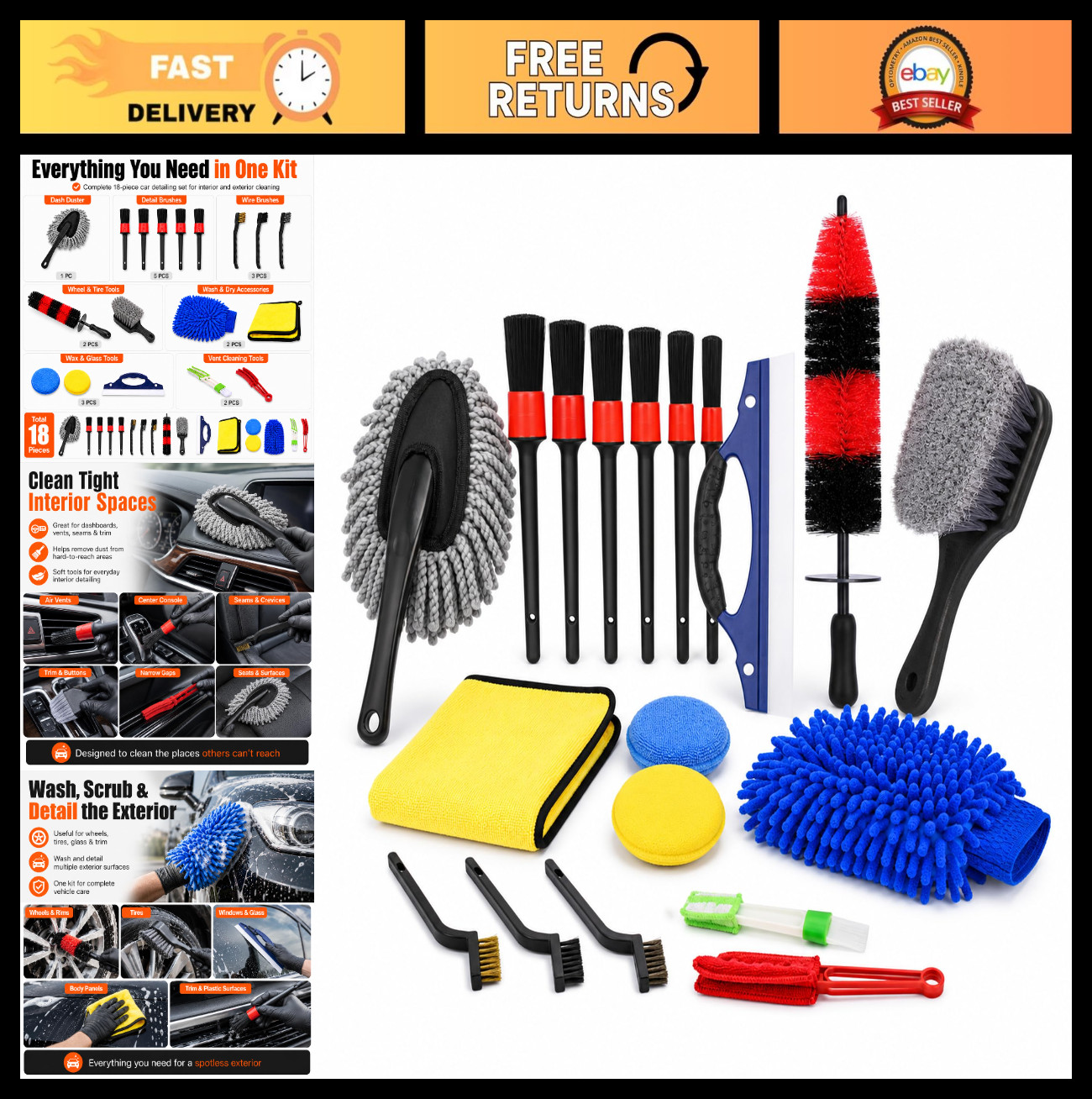 18-Piece Car Detailing Kit – Complete Interior & Exterior Cleaning Set, Brushes