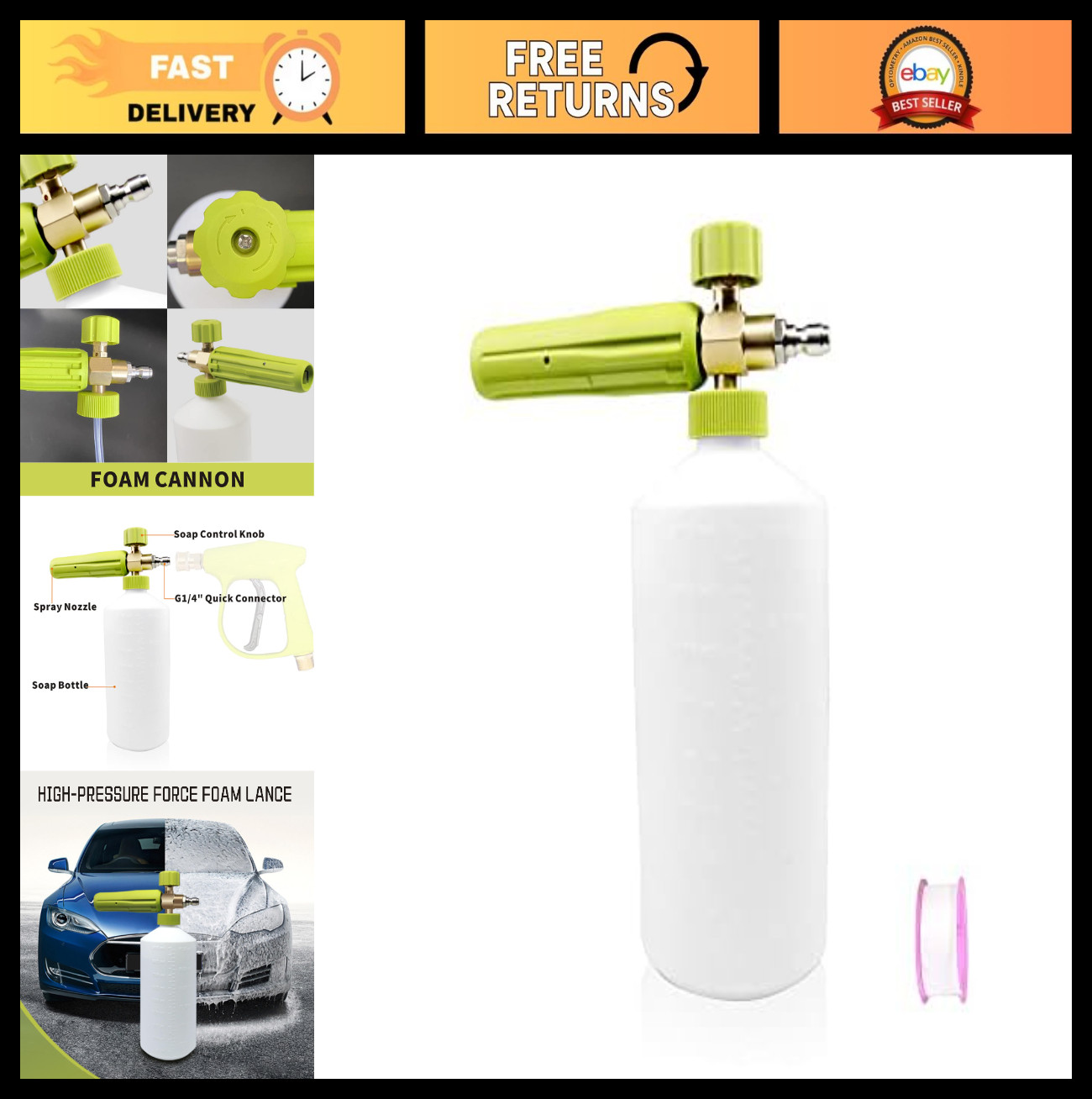 1L Foam Cannon Car Wash Snow Foam Lance – 1/4″ Quick Connector, Adjustable Nozzl