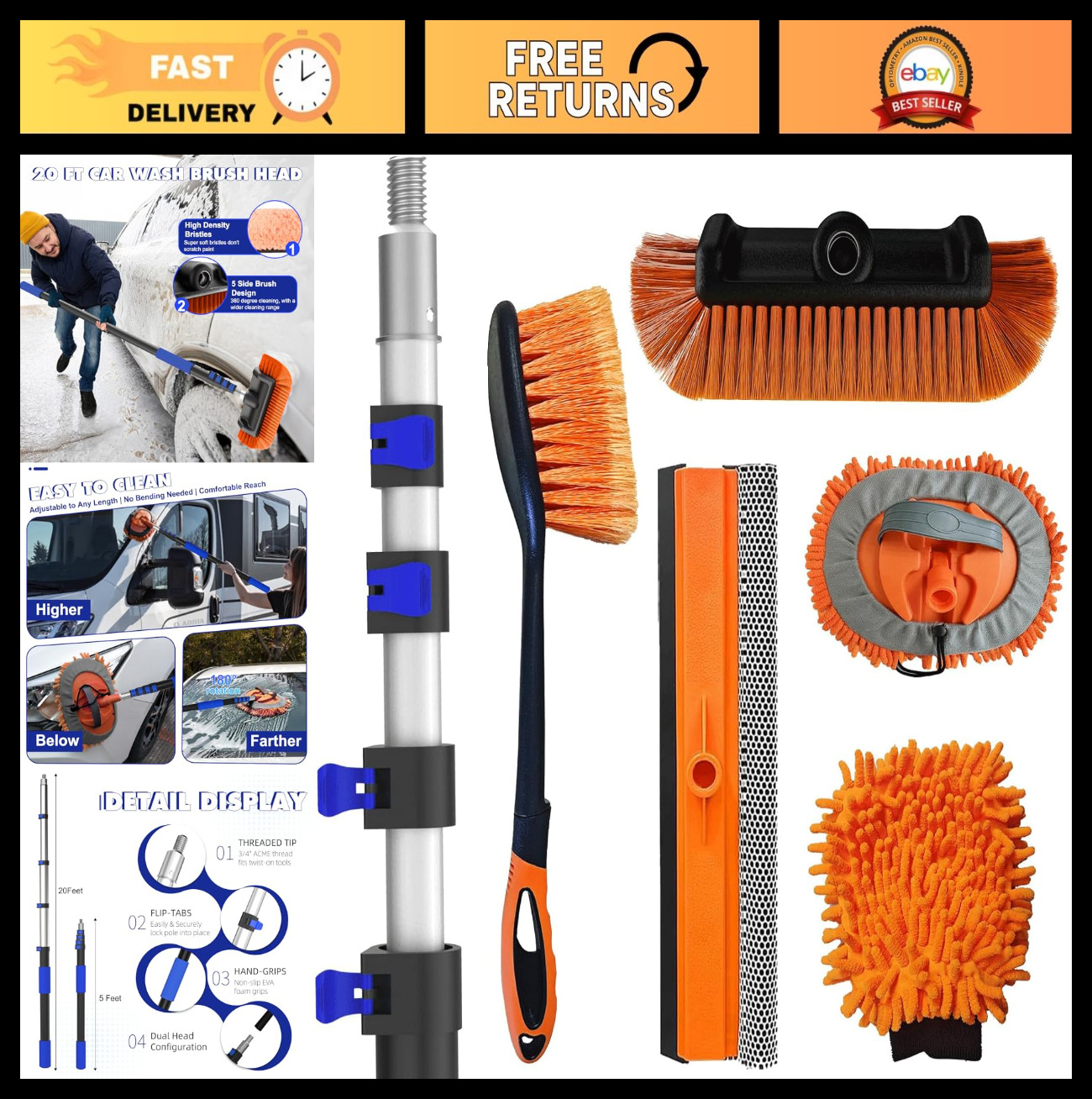 26Ft Car Wash Kit – Telescopic Extension Pole, Brush, Mitt, Squeegee & More for