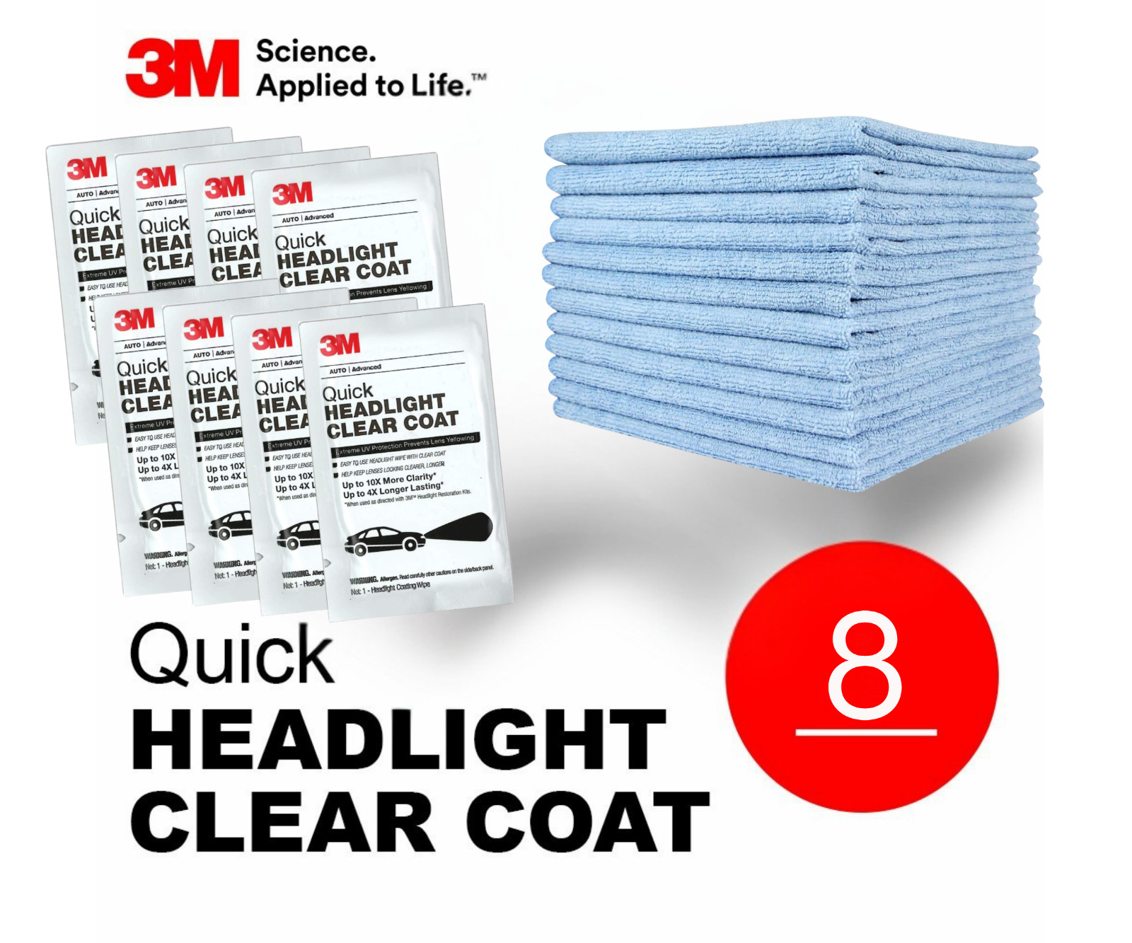 3M Quick Headlight Clear Coat 8x wipe lot With 12×12 Microfiber Cloths – Blue