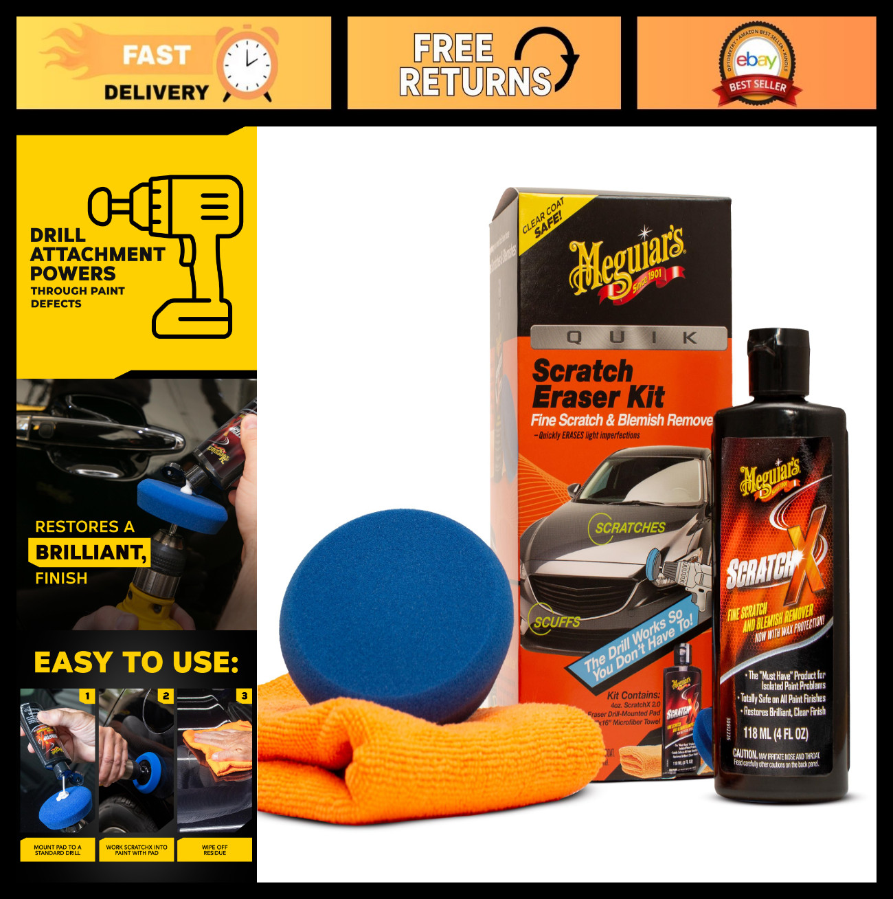 Car Scratch Repair Kit – Quick Eraser for Surface Blemishes, ScratchX, Drill Pad