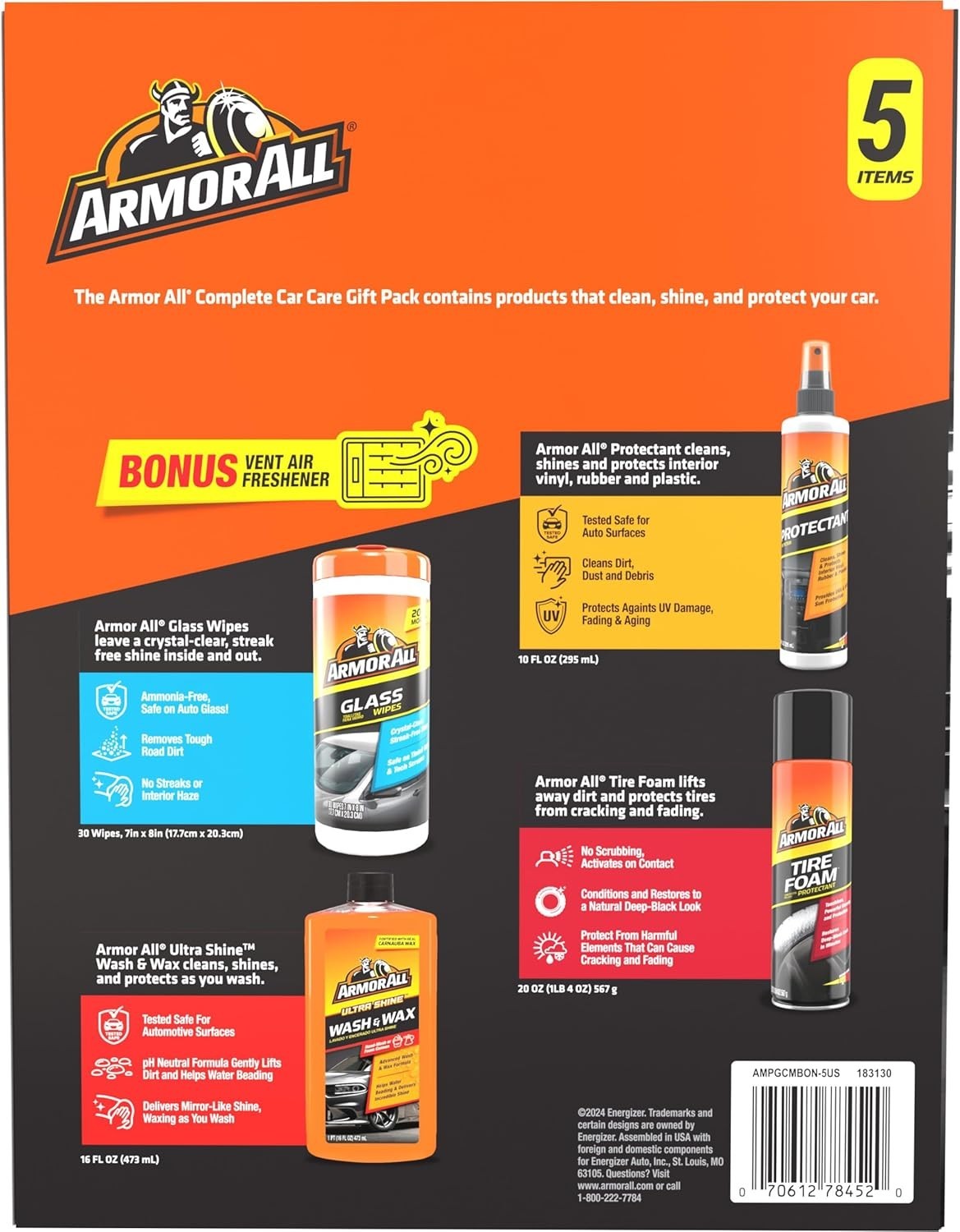 Car Wash and Detailing Kit Includes Protectant Spray Wax Glass Wipes Tire Foam