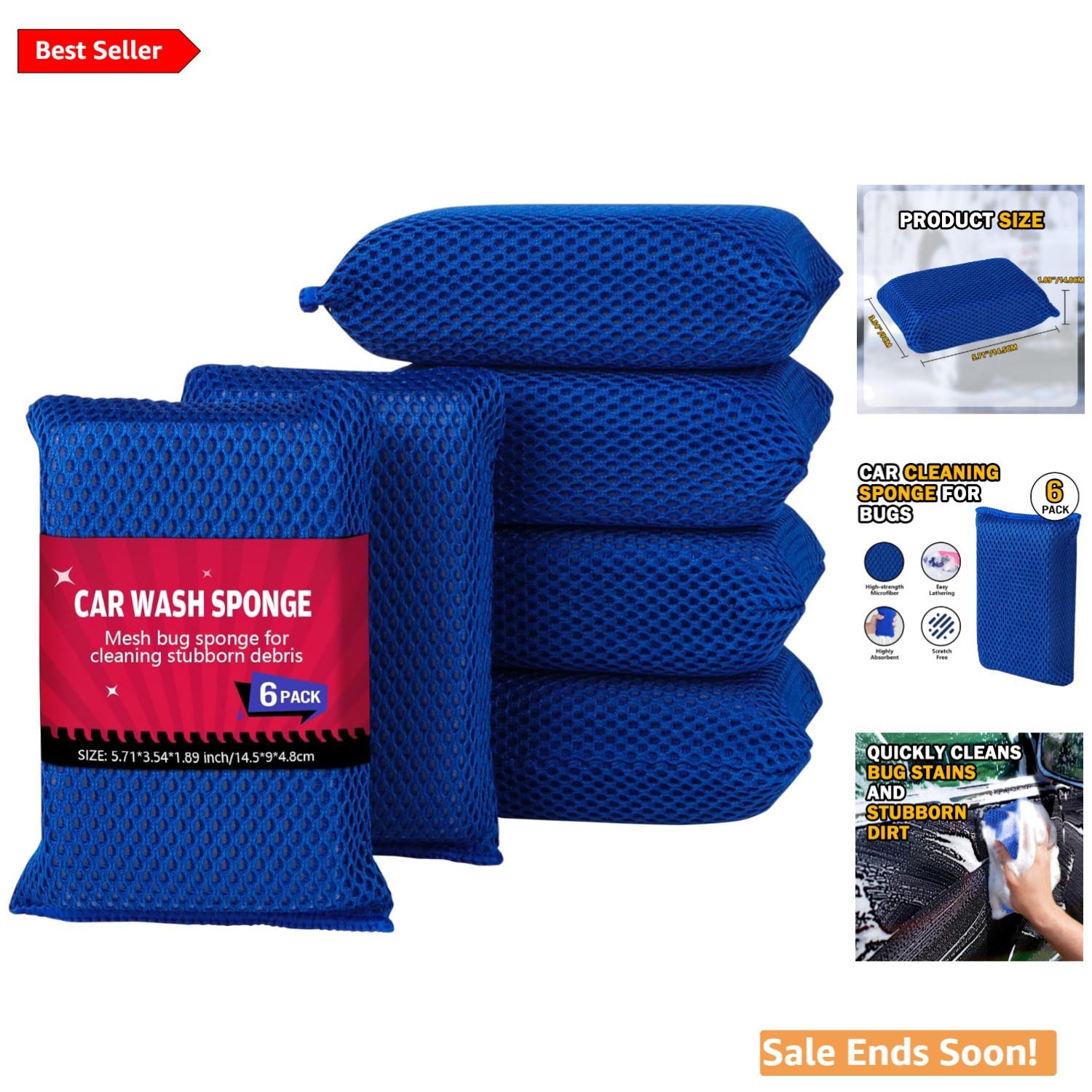 Car Wash Microfiber Sponges 6PK Blue Large Bug and Tar Remover for Cars