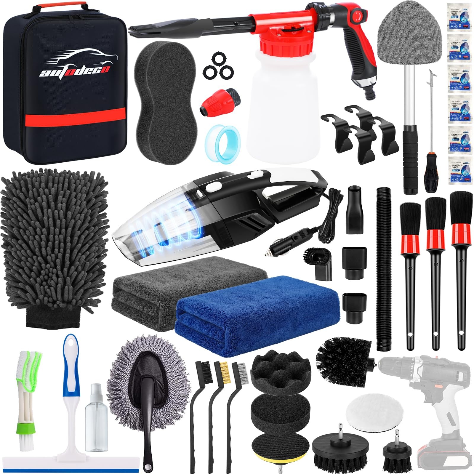 Car Wash Detailing Kit 40Pcs Foam Gun Drill Brush Vacuum Towels Black AUTODECO