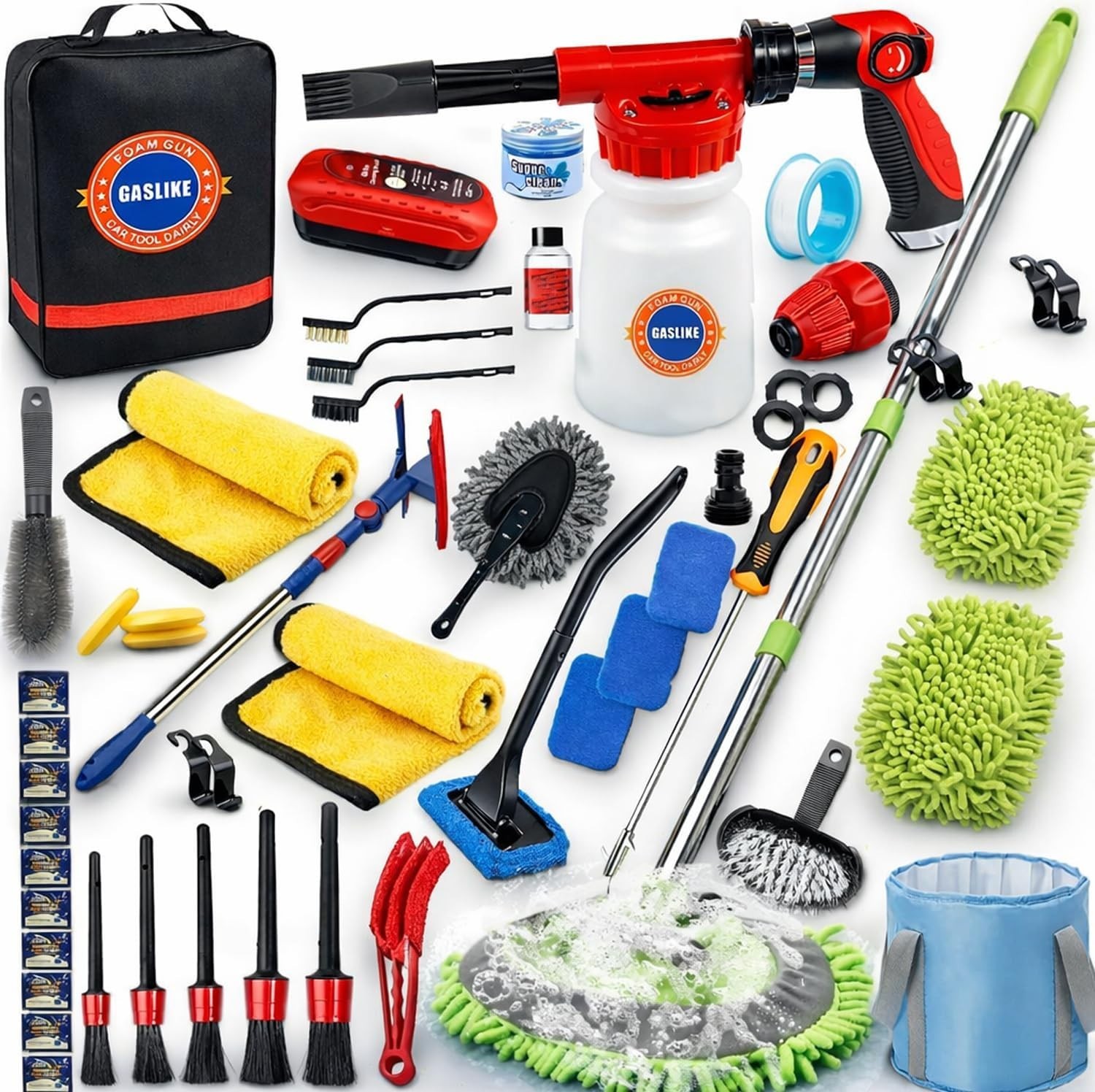 56Pcs Car Wash Cleaning Kit with Foam Gun, Car Wash Brush with Long Handle, Car