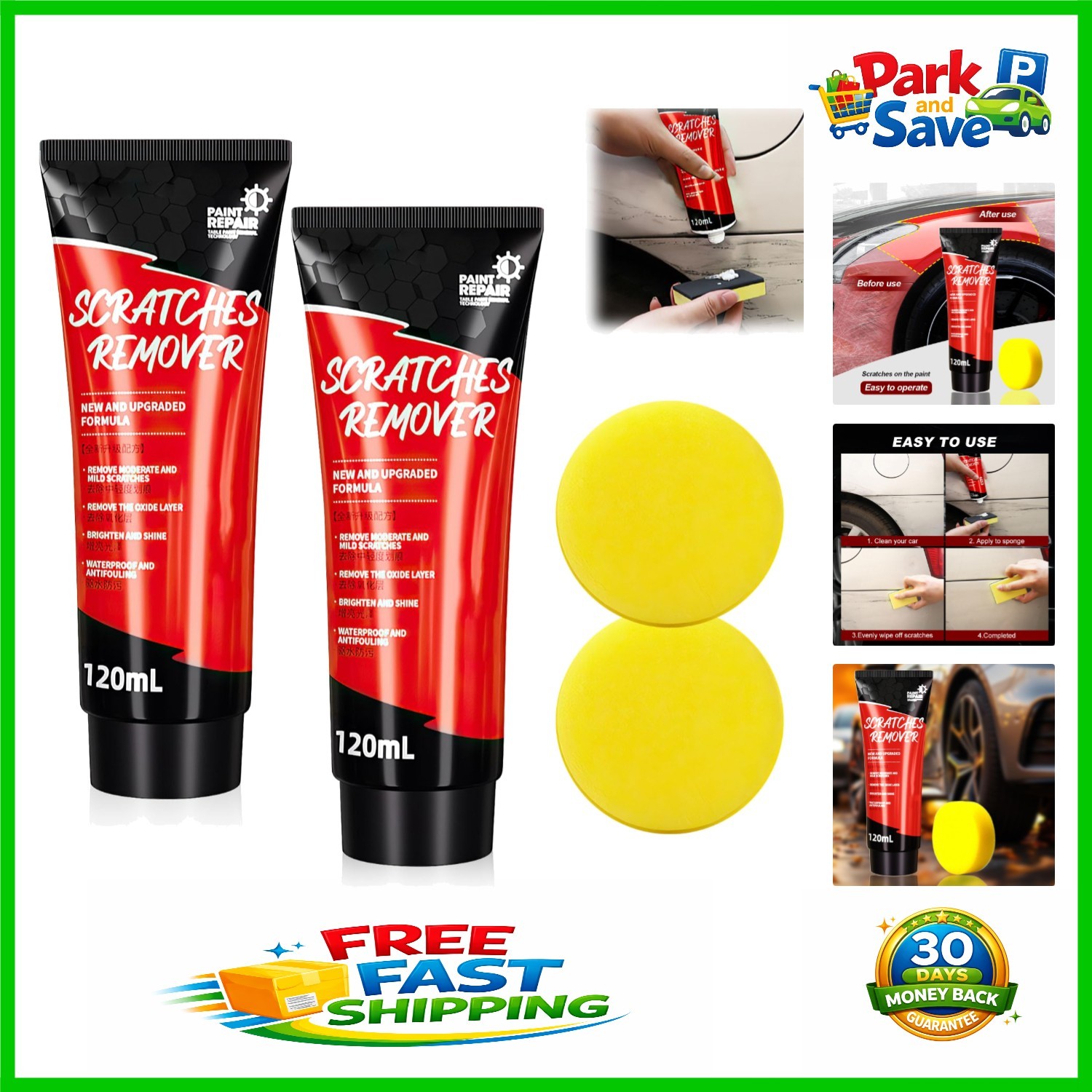 All-In-One Car Scratch Repair Kit – 2 PCS Polishing Wax & Sponge Included