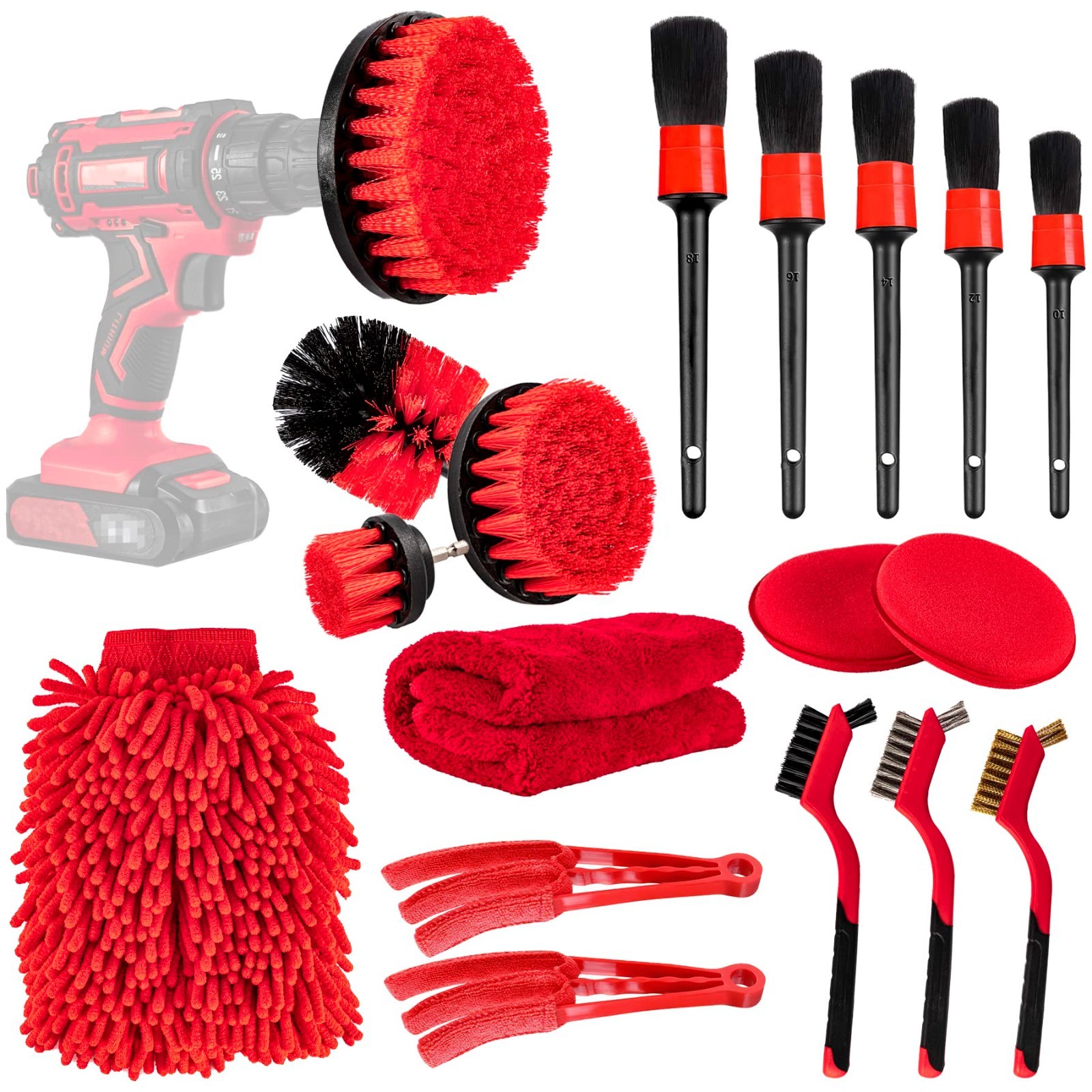 18 PCS Car Cleaning Tools Kit – Detailing Brushes, Driller Attachment, Wash Kit,