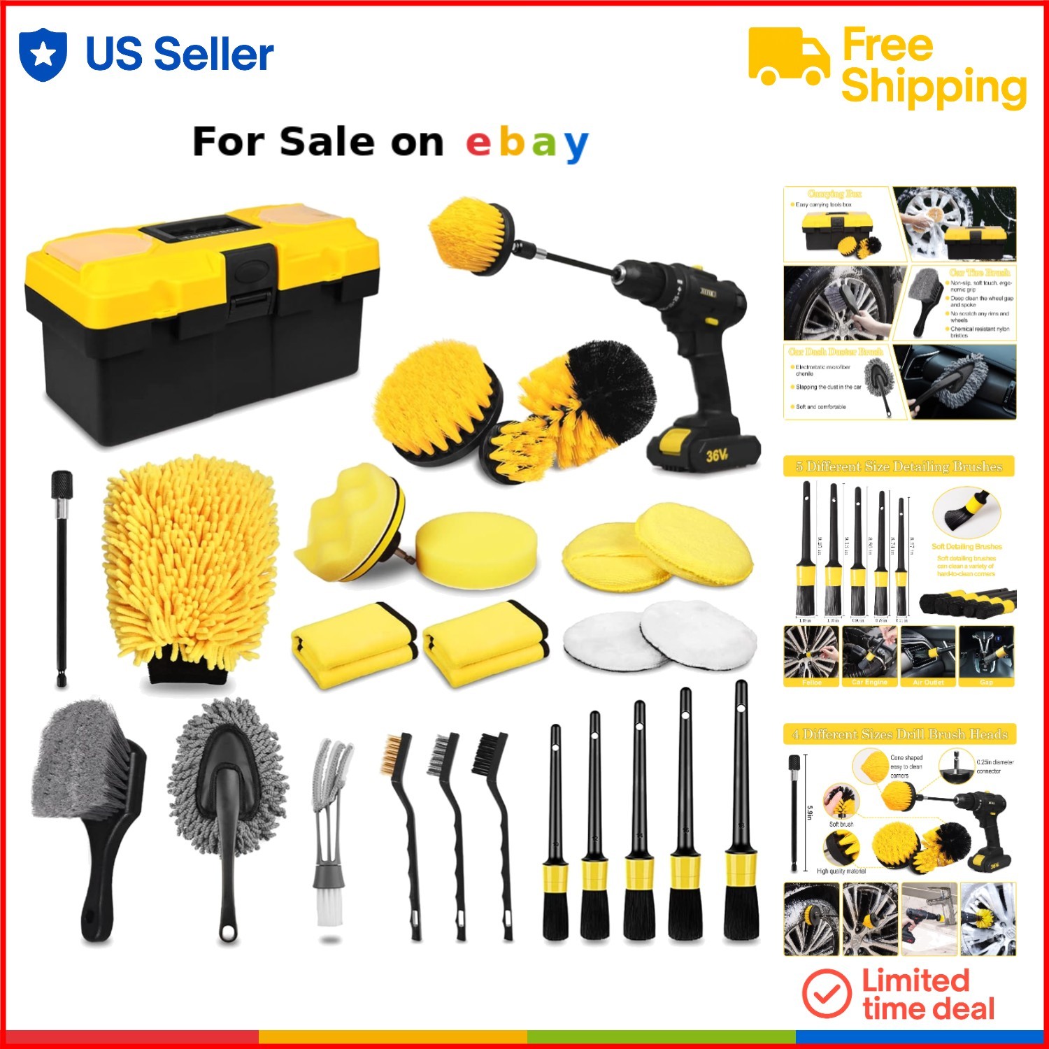 27Pcs Car Detailing Kit Auto Brushes Wash Mitts Polishing Pads Cleaning Tools