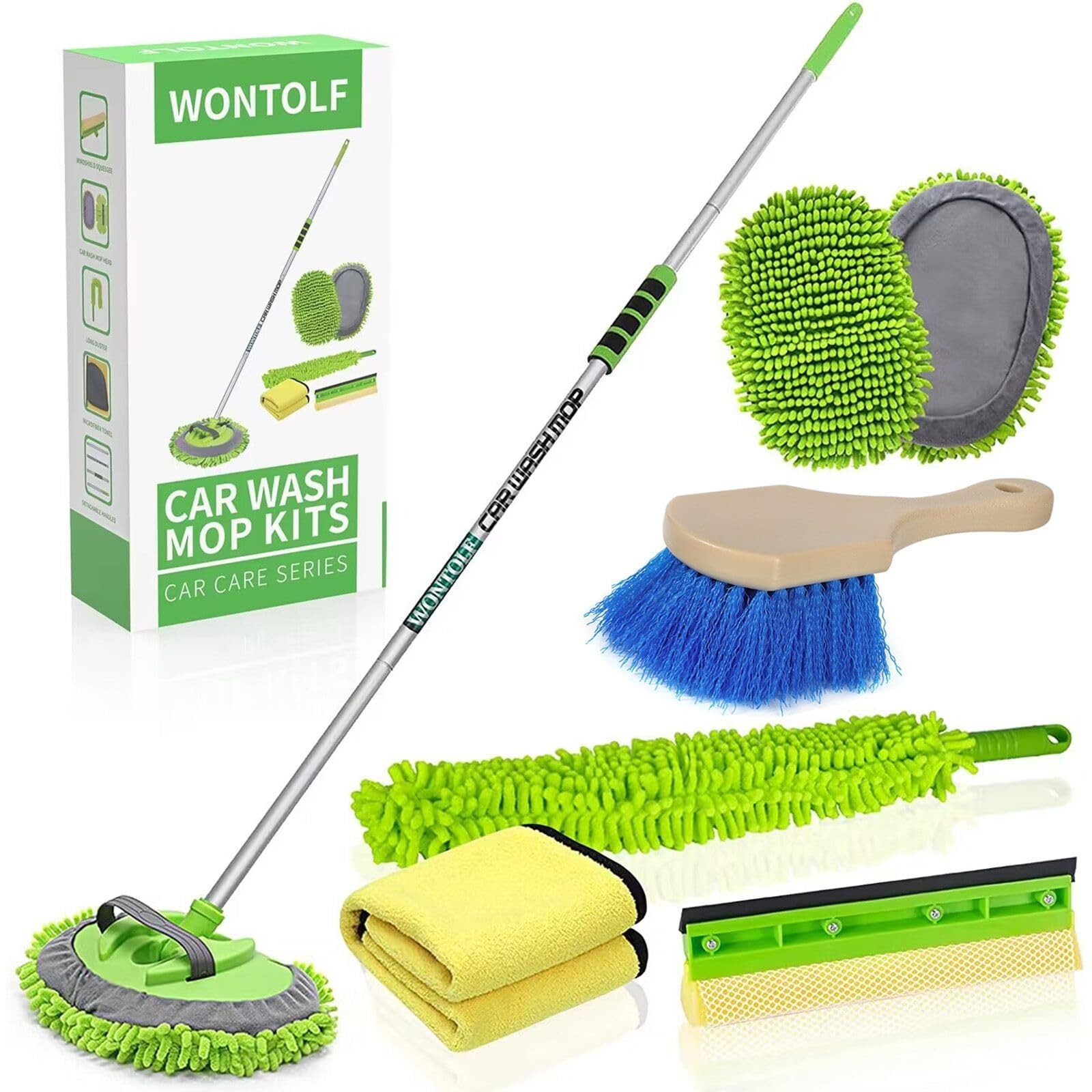 62” Car Wash Brush Kit – Long Handle Microfiber Mop, Detailing Tools, Squeegee,
