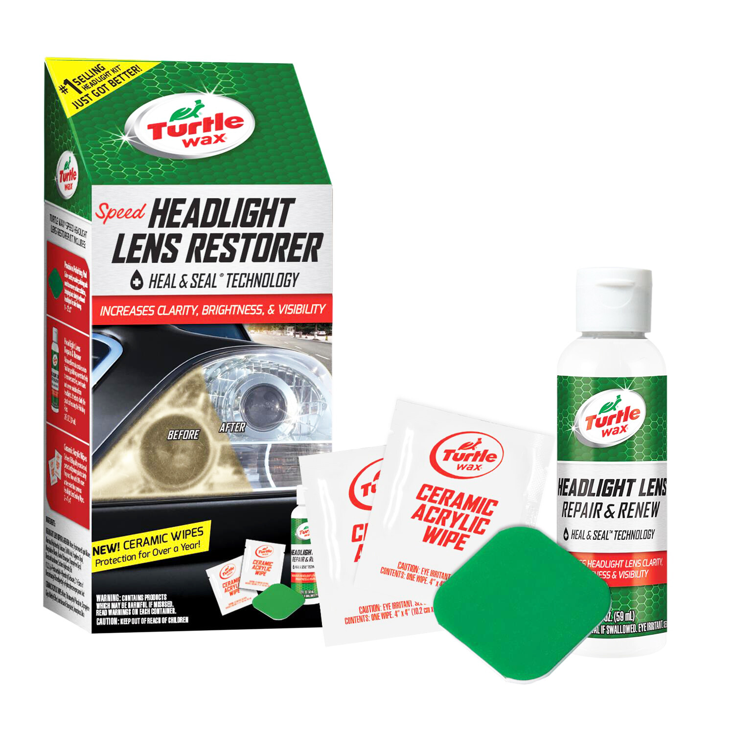Turtle Wax HEADLIGHT LENS RESTORER KIT All Lenses Plexiglass Plastic CERAMIC WIP
