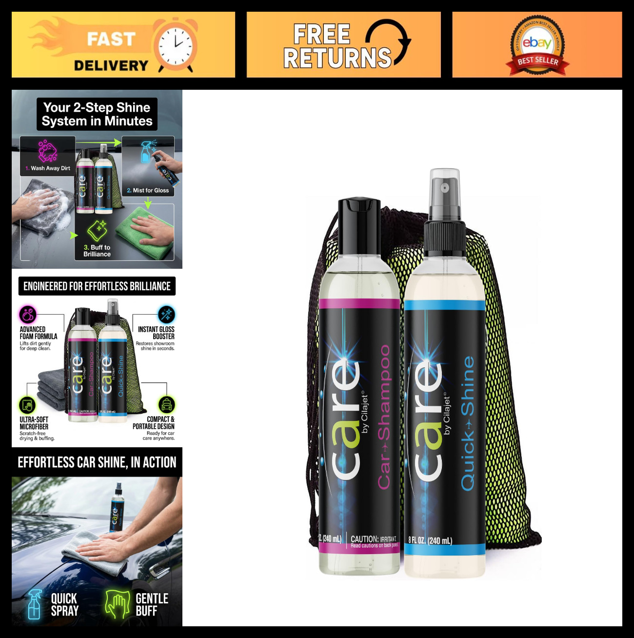 4-Piece Travel Kit for Car Cleaning – Shampoo, Quick-Shine Polish & 2 Towels