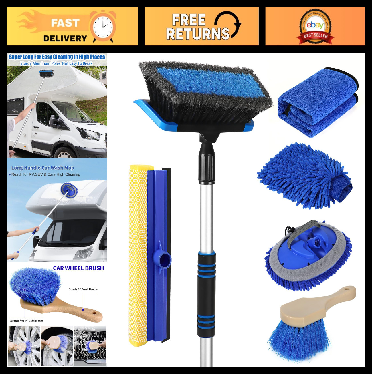 62” Car Wash Brush with Long Handle, Soft Bristles, Complete Cleaning Kit for C
