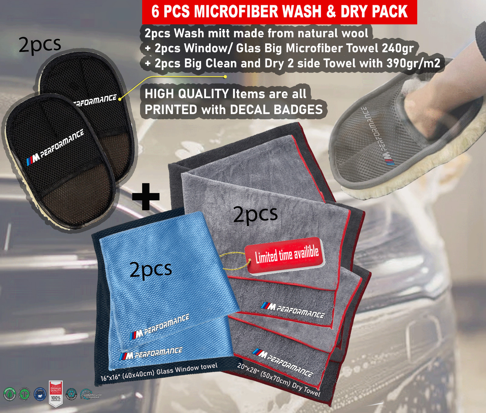 6Pack For M Performance Wash Mitt Car care Microfiber Detailing dry Towel Clean