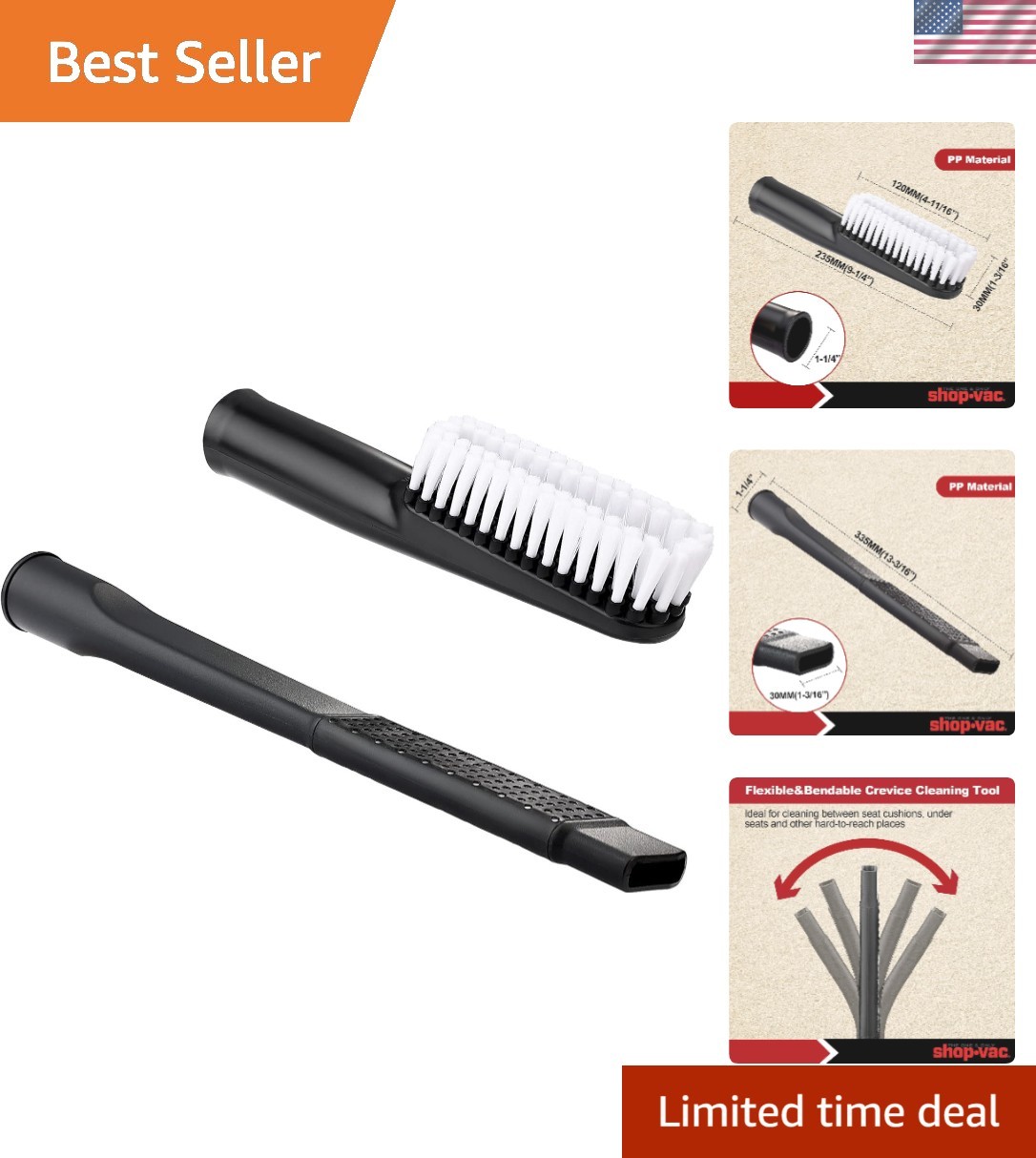 Durable 2PC Cleaning Kit: Soft Brush & Flexible Crevice Tool – Fits 1-1/4″ Hose