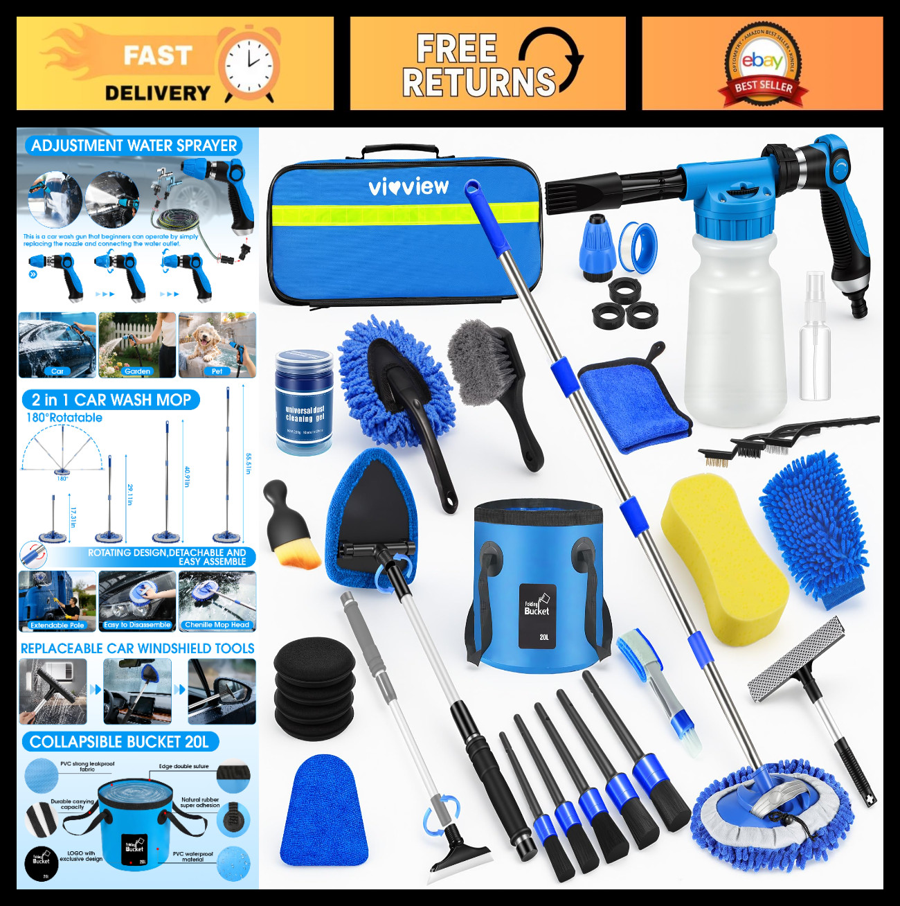 36Pcs Car Wash Detailing Kit with Foam Gun, Long-Handle Brush & Collapsible Buck