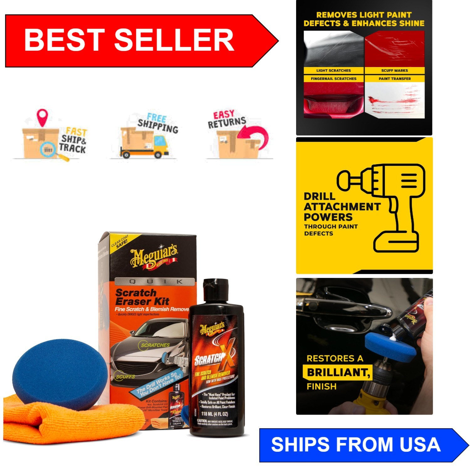 Quik Scratch Eraser Kit – Clear Coat Safe Car Scratch Remover & Towel (4 pcs)