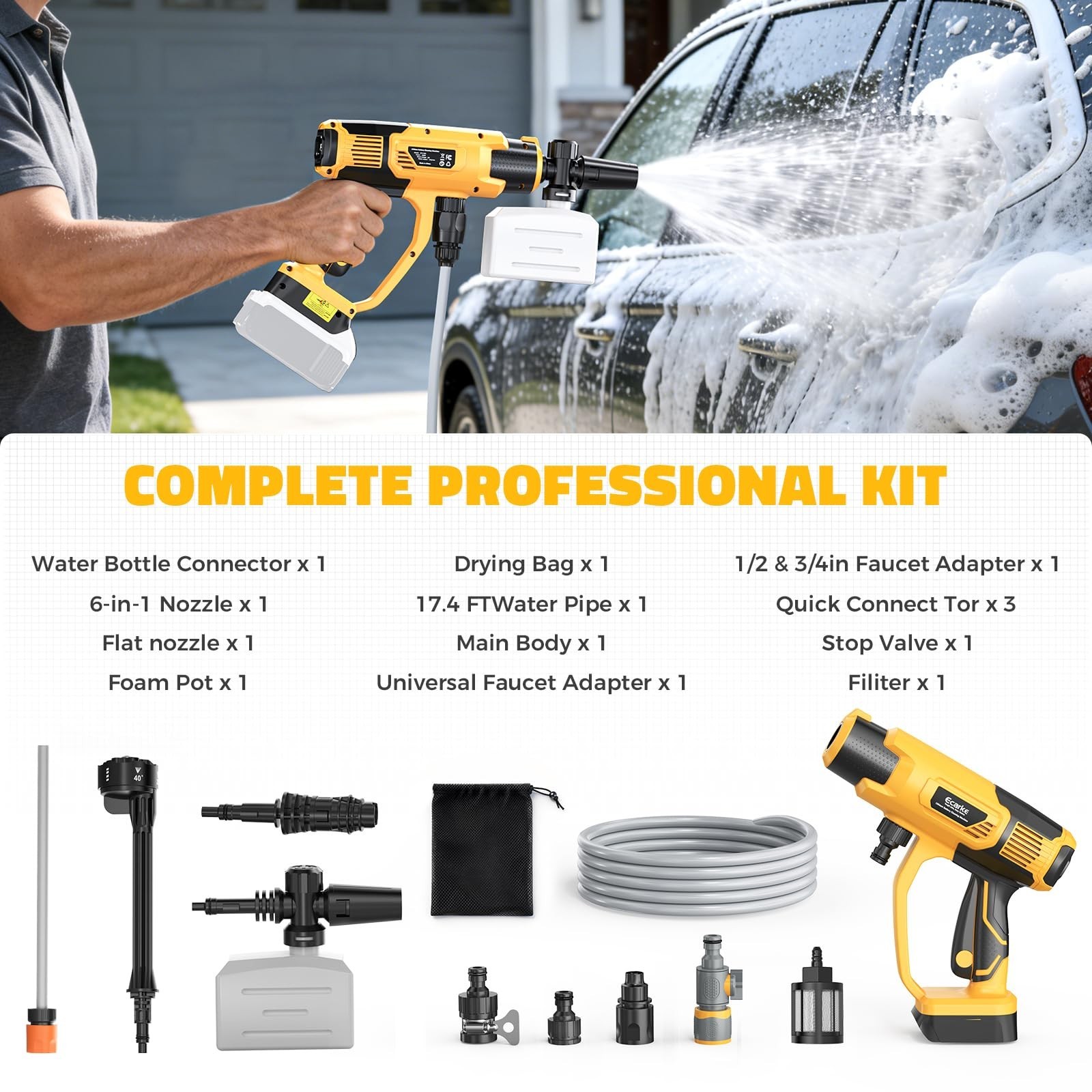 Portable Car Cleaning Tool – 6-in-1 Nozzle, Foam Cannon, 3-Speed, 5m Hose, Brush