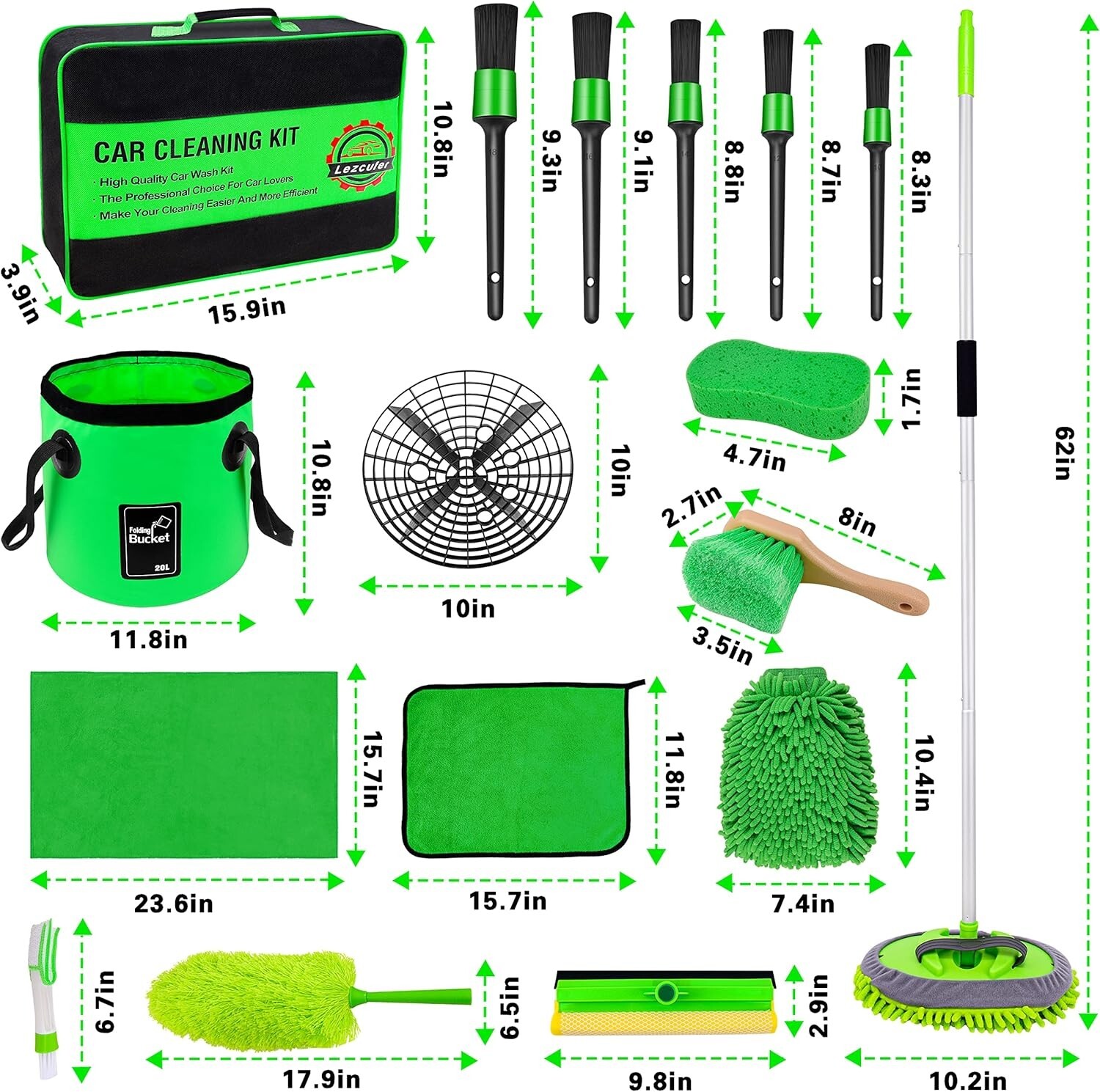 All-in-One Car Wash Kit – 17 Piece Set Featuring 62″ Brush & Interior Detailing