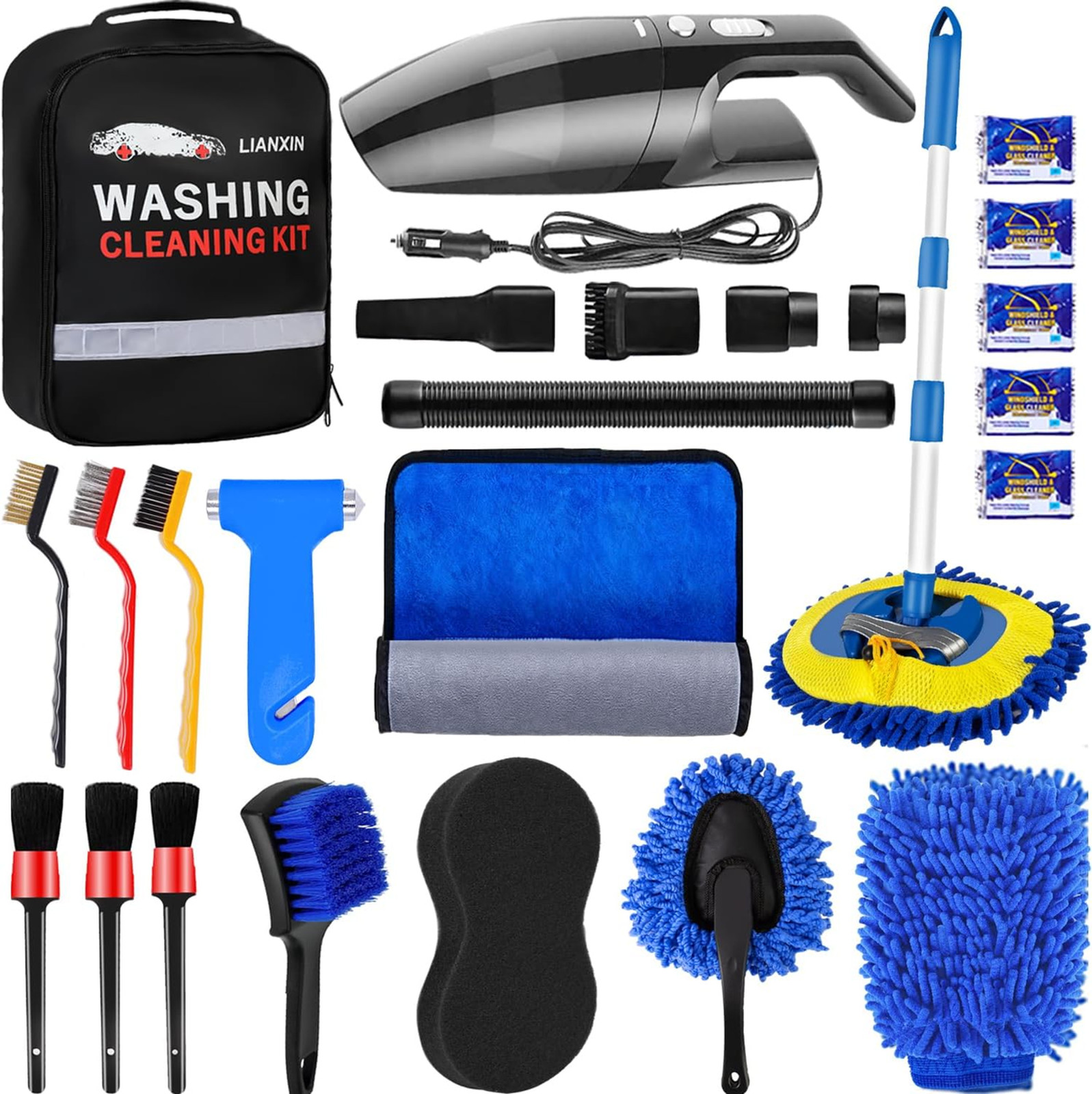 Car Wash Kit with High Power Handheld Vacuum and Detailing Tools, Microfiber