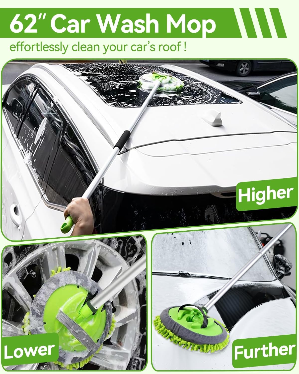8Pcs Car Wash Kit, 62’’ Car Wash Brush with Long Handle, Microfiber Carwash Kit