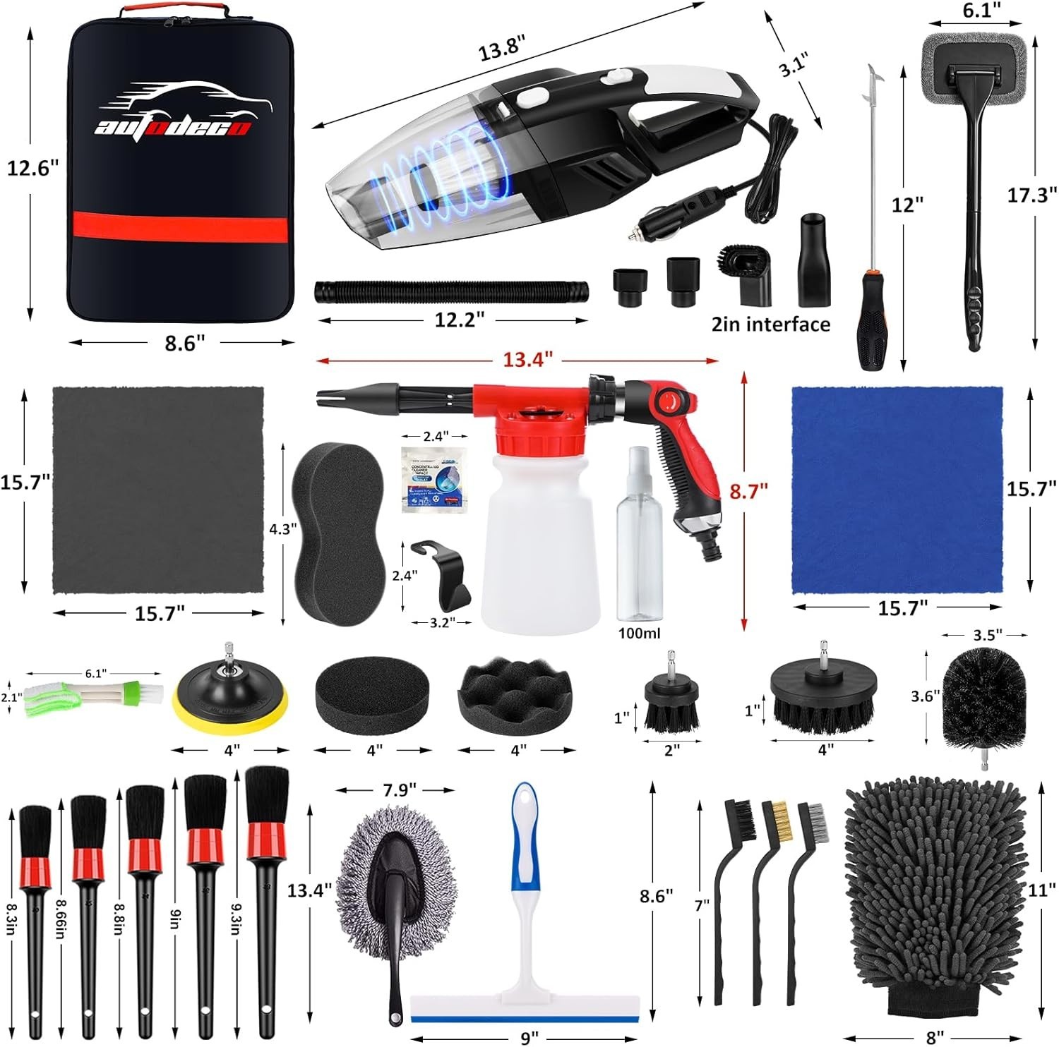 Deluxe 43pc Car Cleaning Kit: Mop, Foam Gun, Vacuum, Detailing Brushes